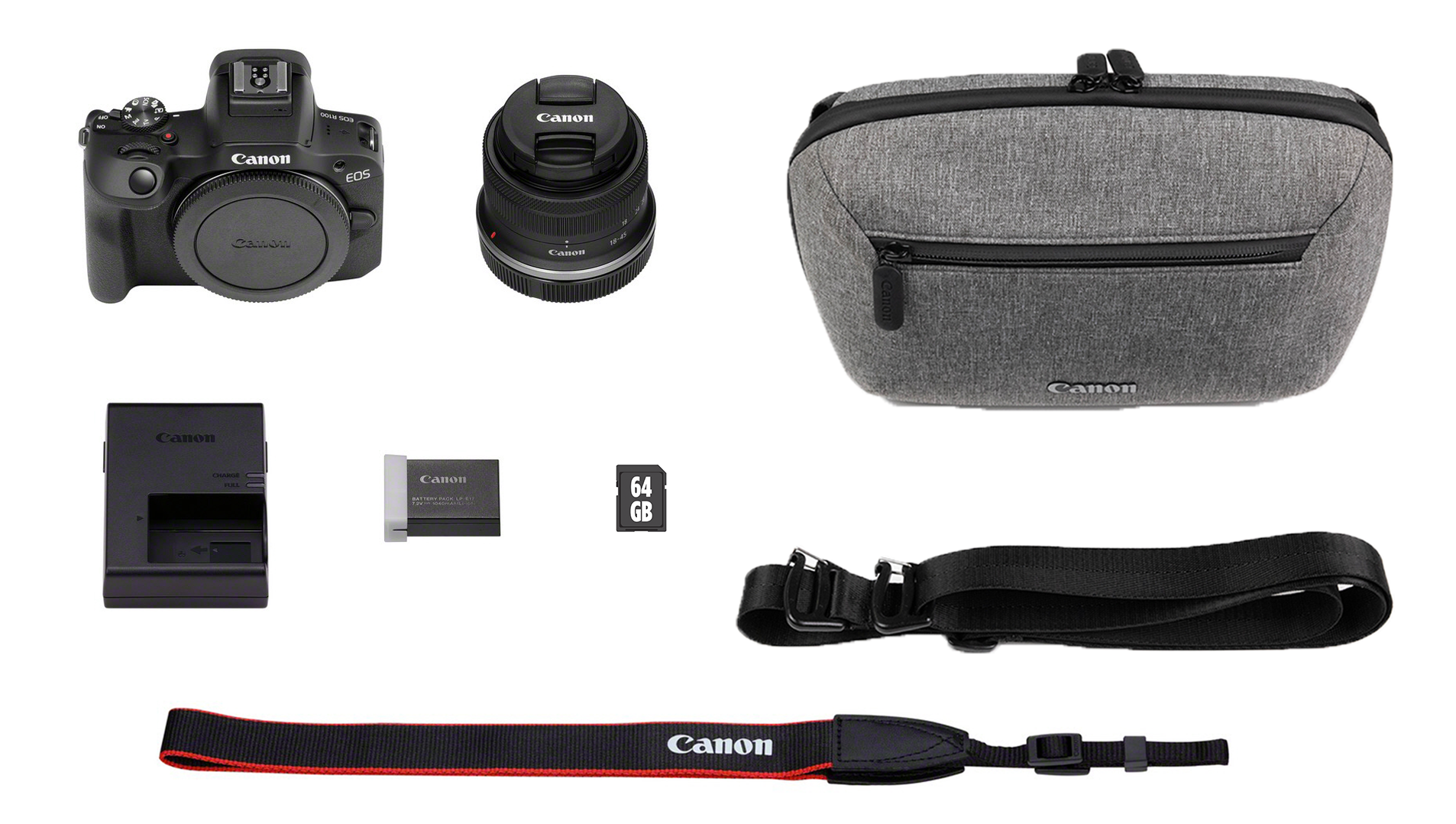 Canon EOS R100 + RF-S 18-45mm IS STM Travel Kit (Shoulder Bag + 64GB SD Card)