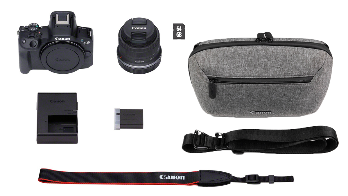 Canon EOS R50 + RF-S 18-45mm Travel Kit (Skuldertaske & 64GB SD-kort) Kamera Sort 5811C098