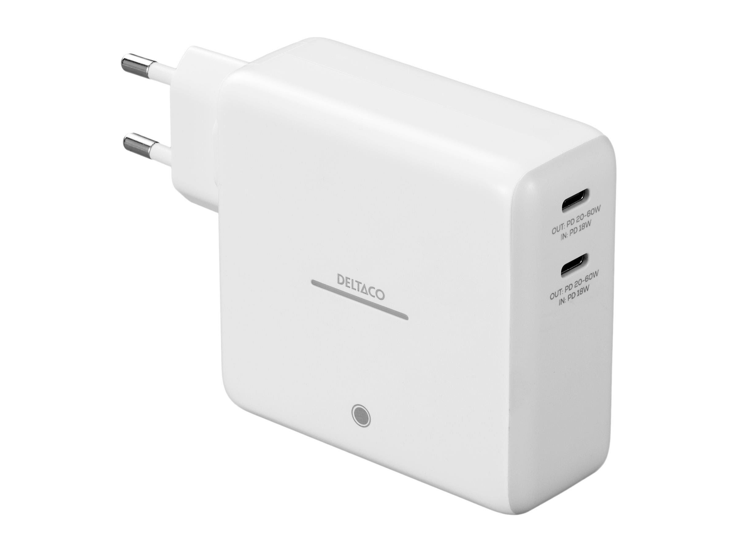 Deltaco USB-C GaN Wall Charger 60W w/ Built-in Powerbank | 9600 mAh | 2x USB-C | PPS | White Mobil Oplader PB-Q1004