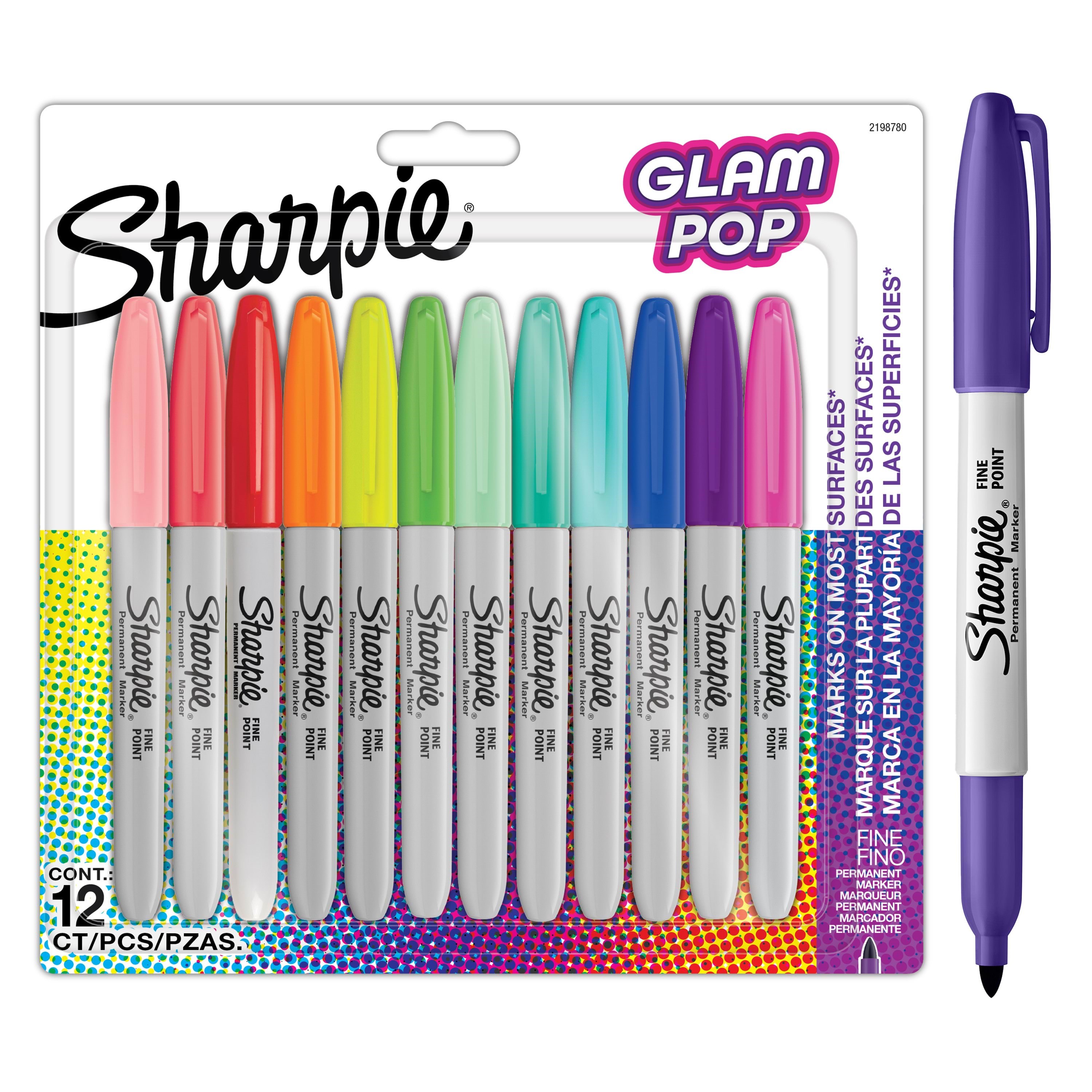 Sharpie Glam Pop Permanente Markers | Fin spids for fede detaljer | Assorterede livlige farver | 12 markerpenne