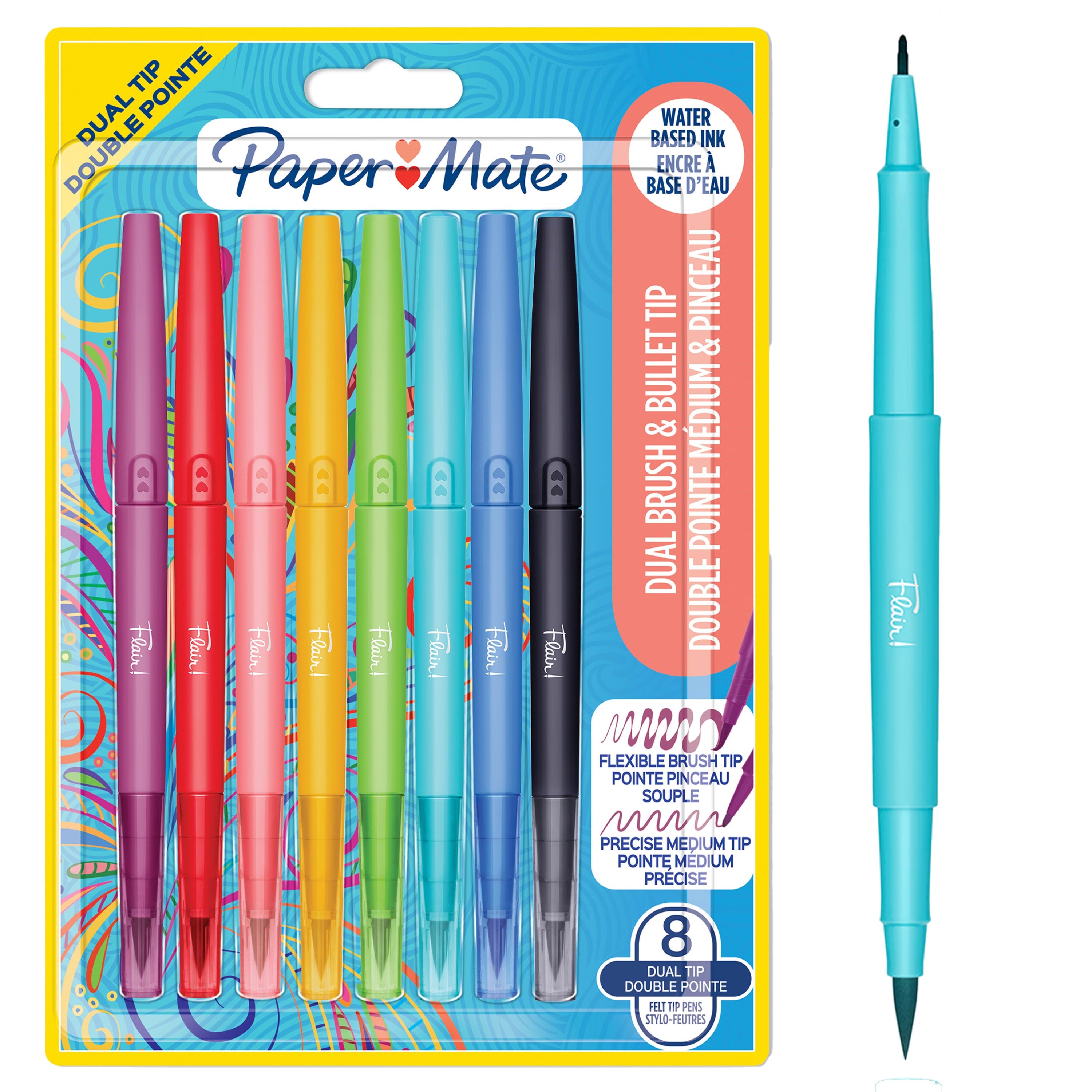 Paper Mate Flair DUAL filtpenne | Pensel og medium spidser (0,7 mm) | Dobbeltendede farvepenne | Assorterede farver | 8 Stk Tegneværktøj 2199386