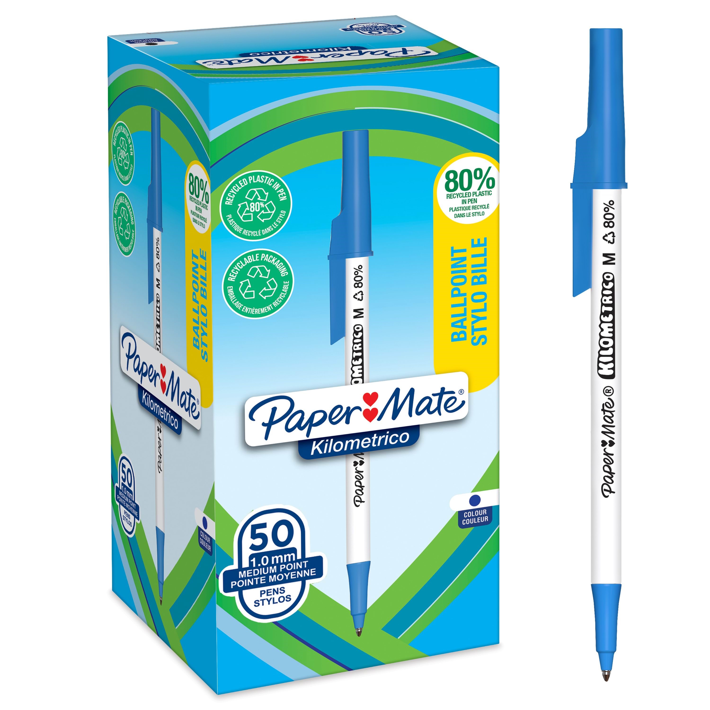 Paper Mate Kilometrico kuglepenne | Lang skrivning med mellempunkt (1,0 mm) | Blåt blæk | 80% genanvendt plast | 50 Stk Tegneværktøj 2187702