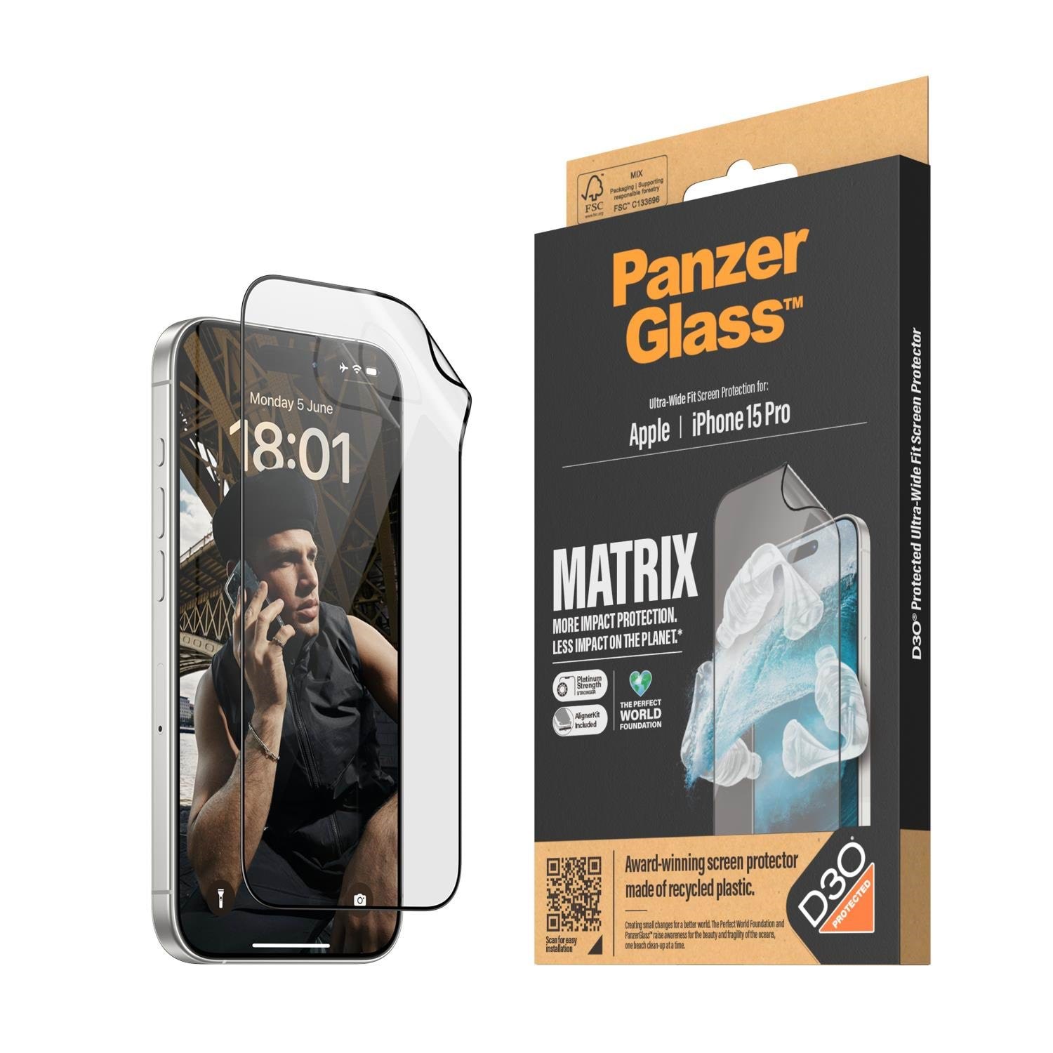 PanzerGlass MATRIX Screen Protector with D3O iPhone 15 Pro | Ultra-Wide Fit w. AlignerKit
