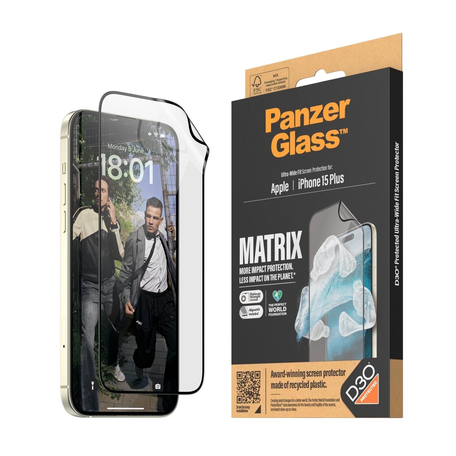 PanzerGlass MATRIX Screen Protector with D3O iPhone 15 Plus | Ultra-Wide Fit w. AlignerKit Beskyttelsesglas PANZER2819