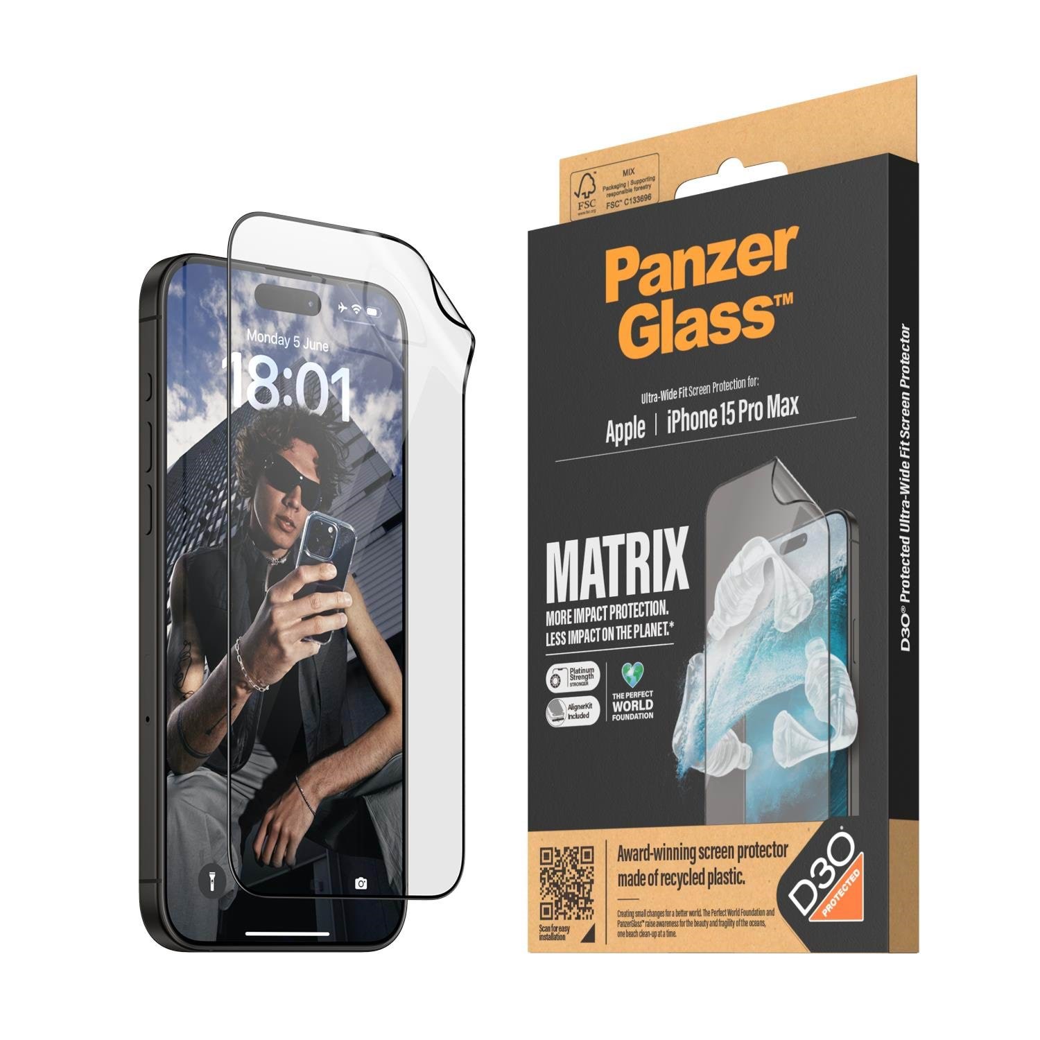 PanzerGlass MATRIX Screen Protector with D3O iPhone 15 Pro Max | Ultra-Wide Fit w. AlignerKit