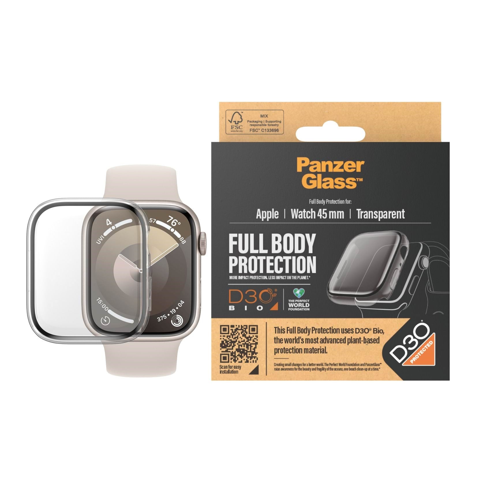 PanzerGlass Screen Protector Full Body Apple Watch Series 9 with D3O | 45mm | Transparent