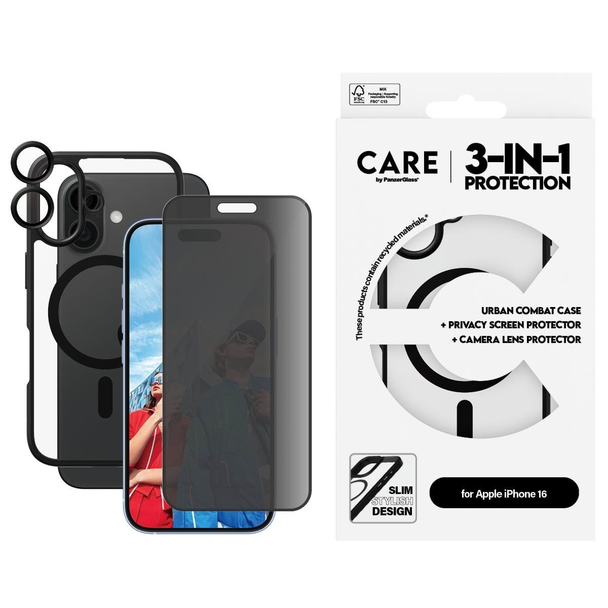 CARE by PanzerGlass Flagship 3-in-1 Privacy Bundle iPhone 16 Mobilcover PANZERB1357+P2861+1283
