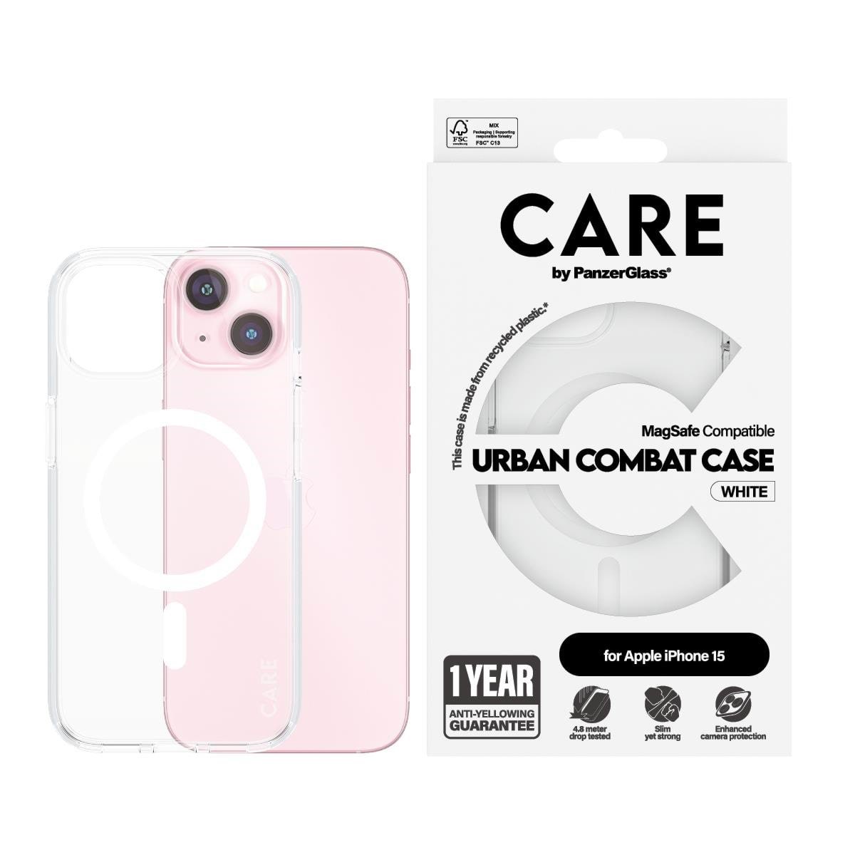 CARE by PanzerGlass Flagship Case Transparent Urban Combat w. White MagSafe iPhone 15