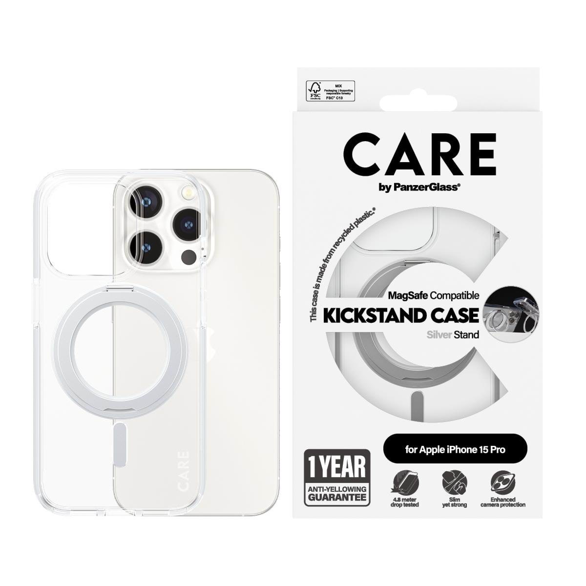 CARE by PanzerGlass Feature Case Transparent w. Silver Kickstand & MagSafe iPhone 15 Pro