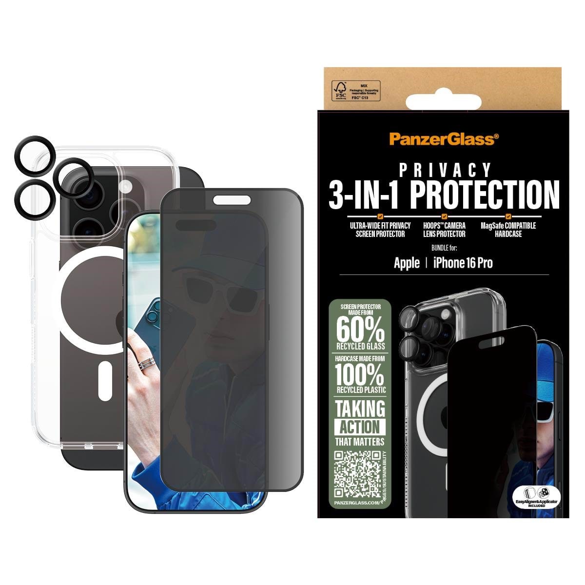 PanzerGlass 3-in-1 Privacy Protection Bundle iPhone 16 Pro Beskyttelsesglas PANZERB1292+P2862+1284