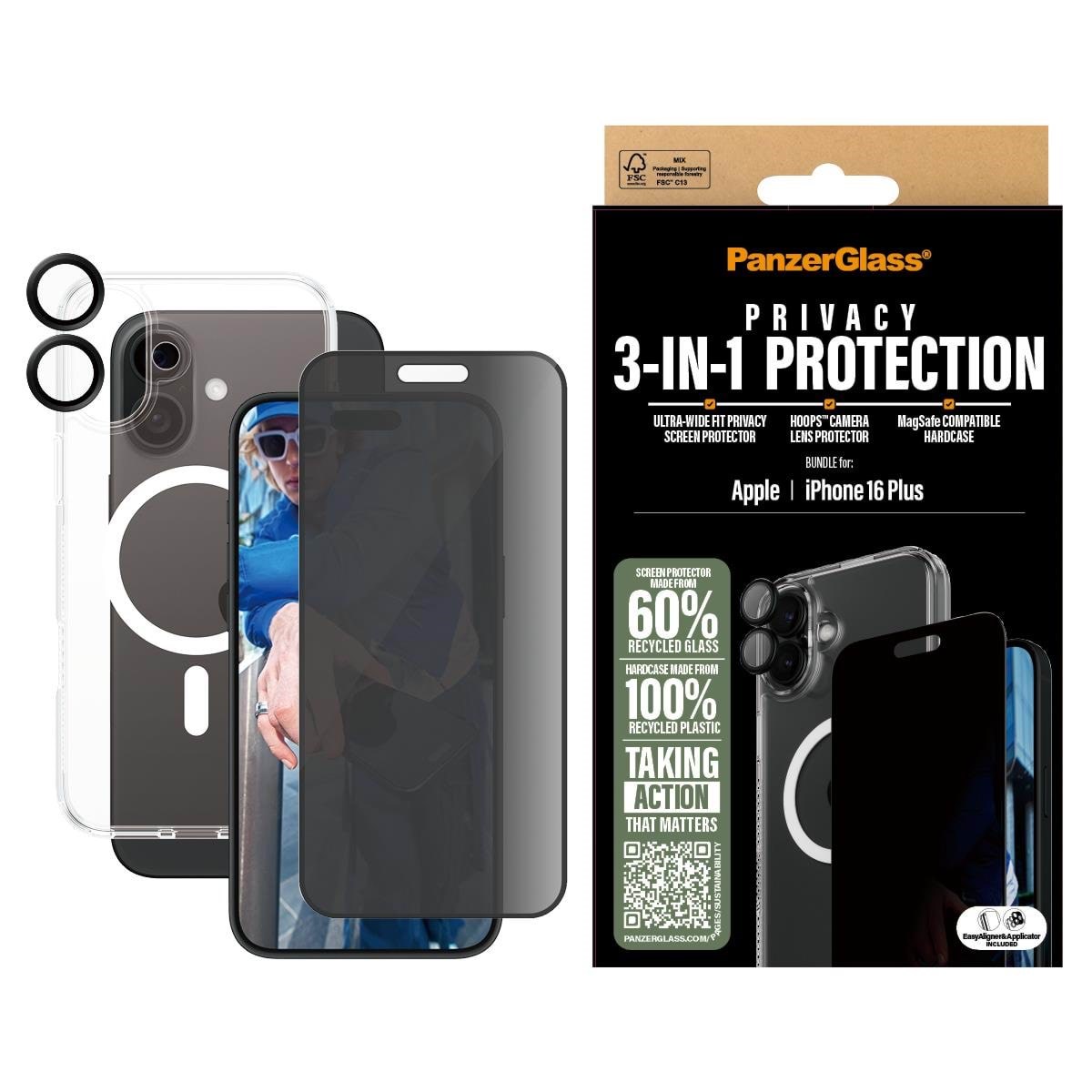 PanzerGlass 3-in-1 Privacy Protection Bundle iPhone 16 Plus Beskyttelsesglas PANZERB1293+P2863+1283