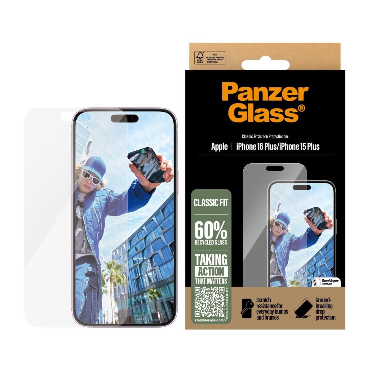 PanzerGlass Screen Protector iPhone 16 Plus | Classic Fit Beskyttelsesglas PANZER2875