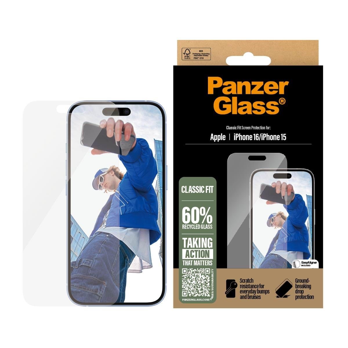 PanzerGlass Screen Protector iPhone 16 | 15 | Classic Fit Beskyttelsesglas PANZER2873