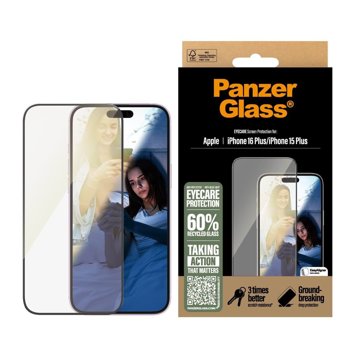 PanzerGlass EyeCare Screen Protector iPhone 16 Plus | Ultra-Wide Fit Beskyttelsesglas PANZER2867