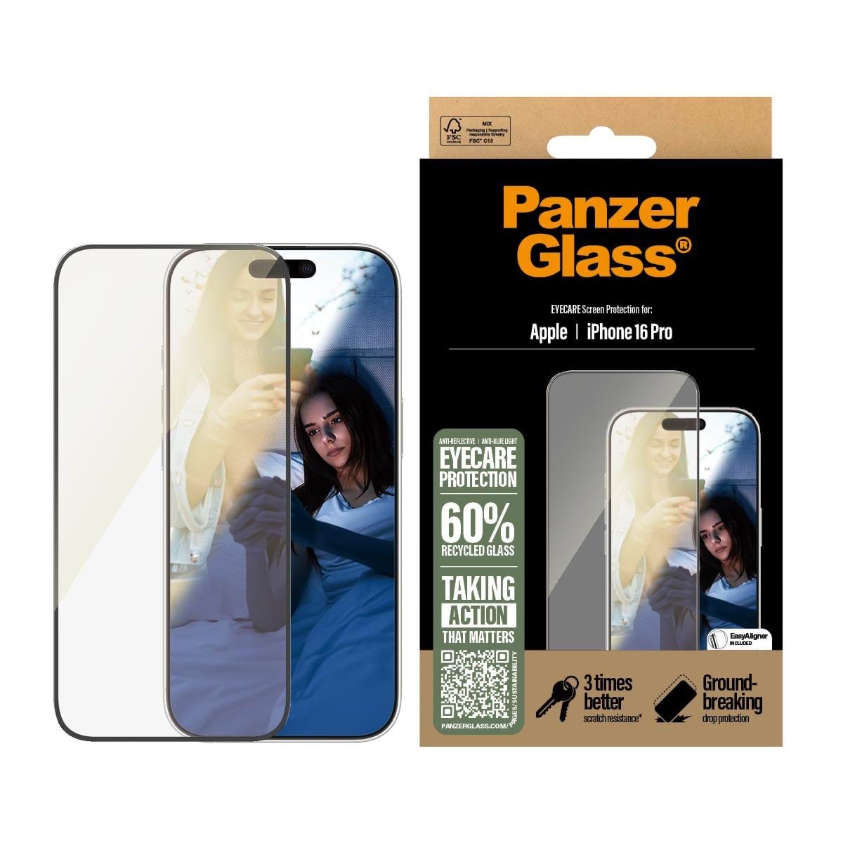 PanzerGlass EyeCare Screen Protector iPhone 16 Pro | Ultra-Wide Fit Beskyttelsesglas PANZER2866