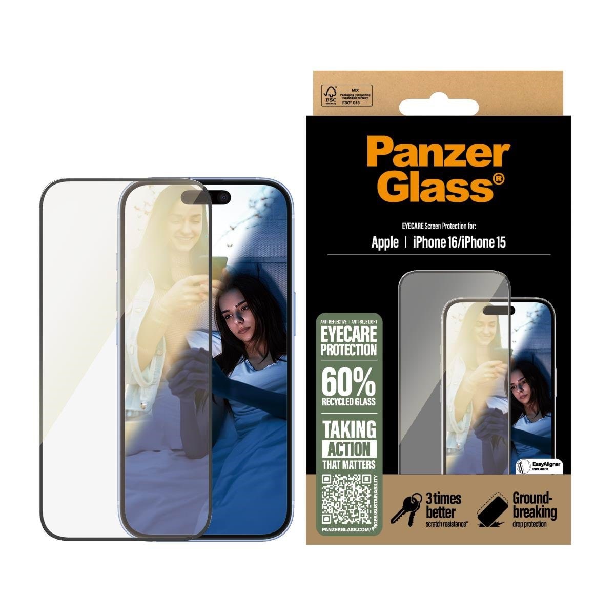 PanzerGlass EyeCare Screen Protector iPhone 16 | Ultra-Wide Fit Beskyttelsesglas PANZER2865