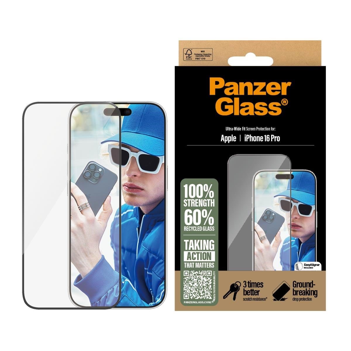 PanzerGlass Screen Protector iPhone 16 Pro | Ultra-Wide Fit Beskyttelsesglas PANZER2862