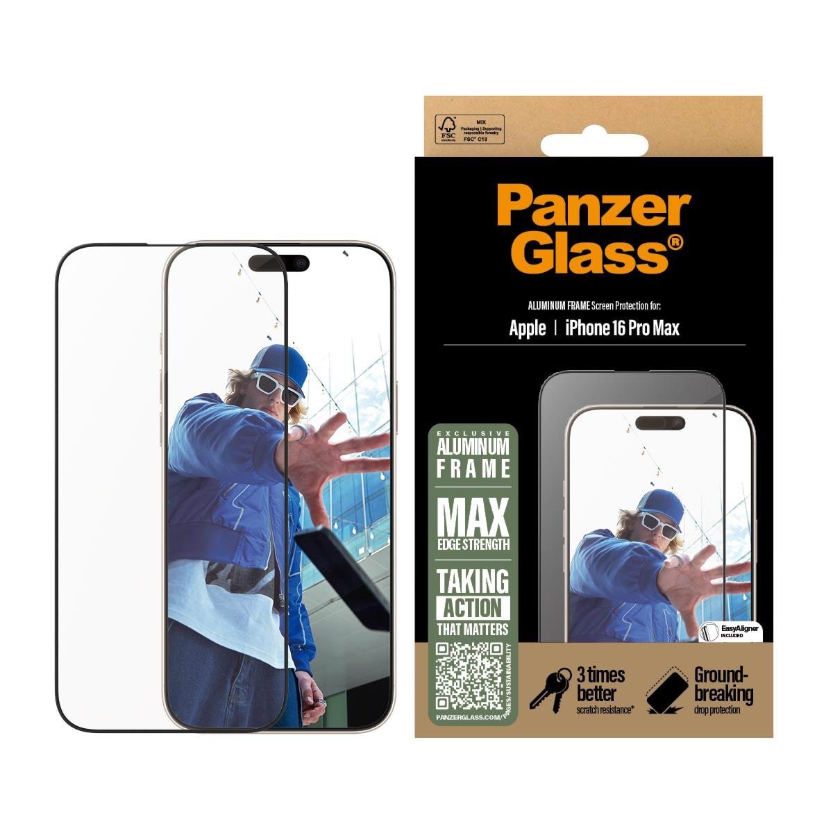 PanzerGlass Screen Protector Aluminum Frame iPhone 16 Pro Max| Ultra-Wide Fit