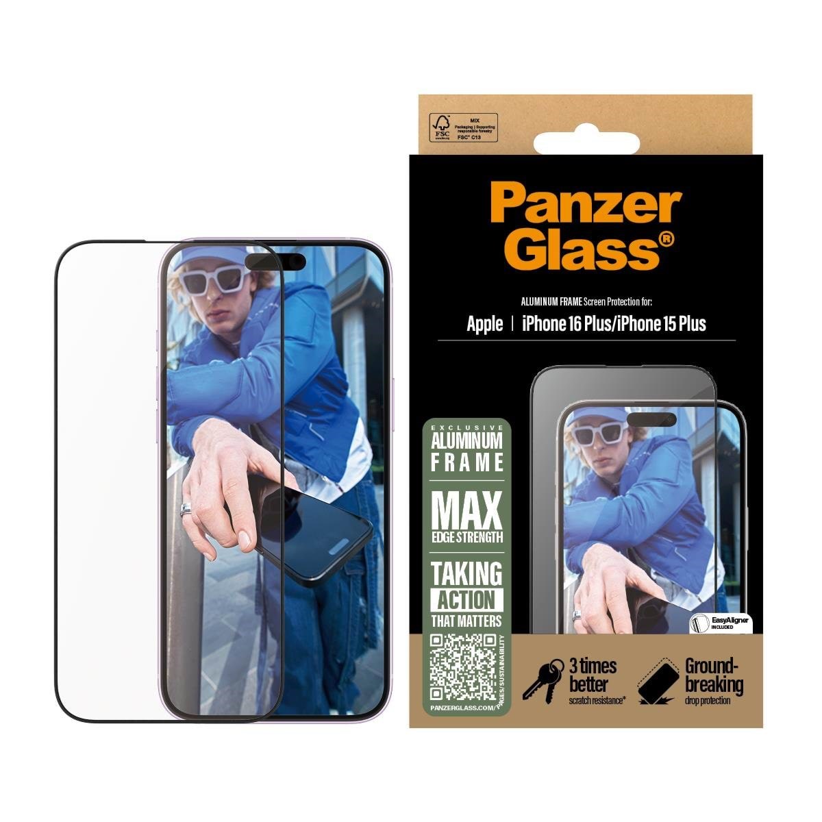 PanzerGlass Screen Protector Aluminum Frame iPhone 16 Plus | Ultra-Wide Fit Beskyttelsesglas PANZER2851