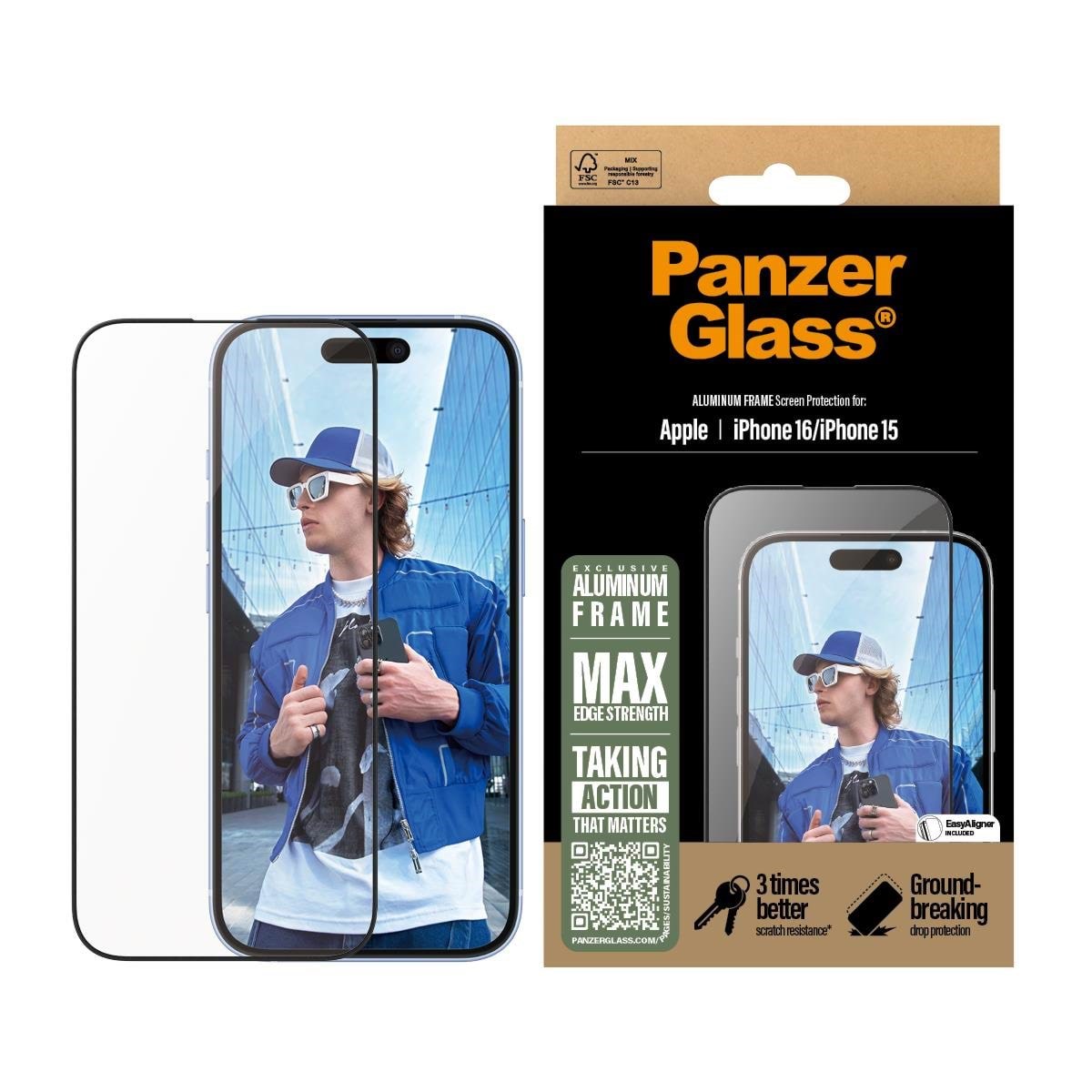 PanzerGlass Screen Protector Aluminum Frame iPhone 16 | Ultra-Wide Fit Beskyttelsesglas PANZER2849