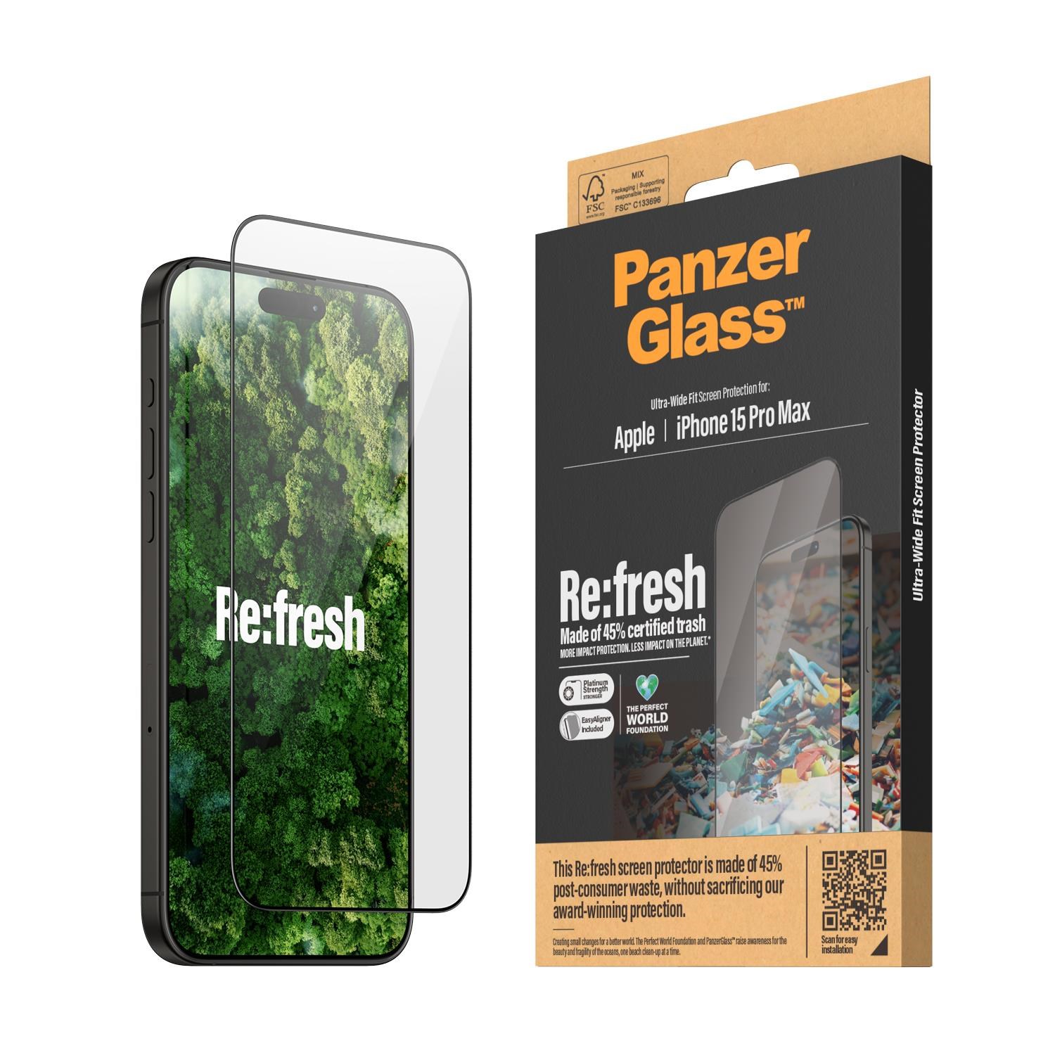 PanzerGlass Re:fresh Screen Protector iPhone 15 Pro Max | Ultra-Wide Fit w. EasyAligner Beskyttelsesglas PANZER2824