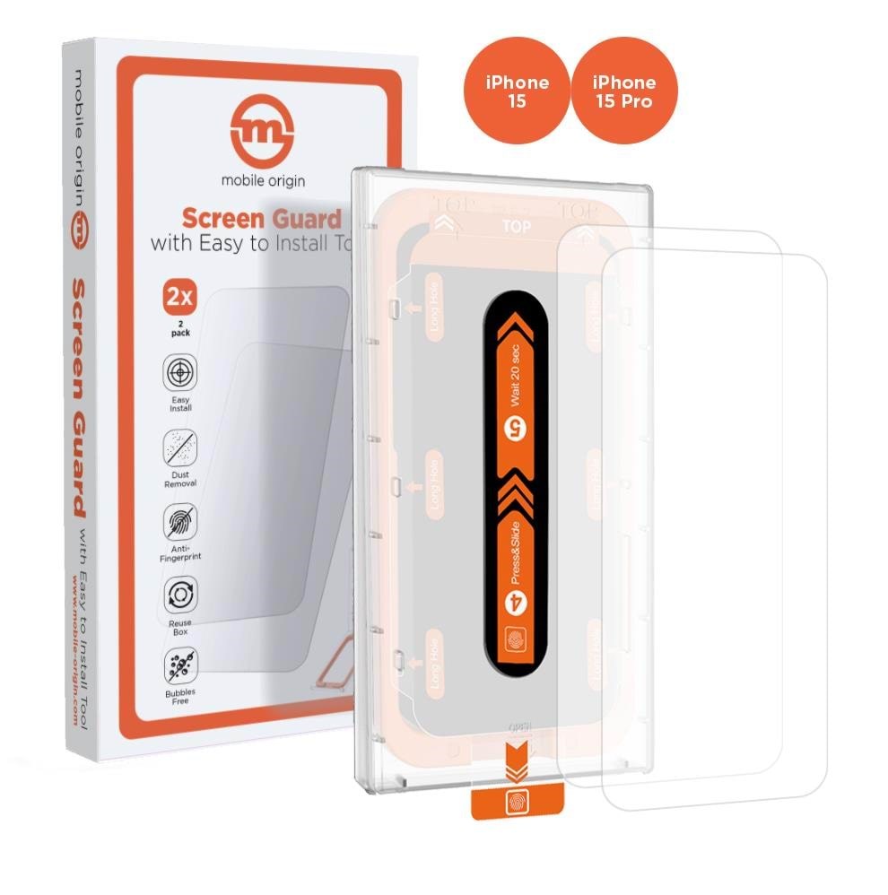 Mobile Origin Orange Screen Guard iPhone 15 Pro/15 with easy applicator - 2 pack Beskyttelsesglas SGA-i15Pro-2pk