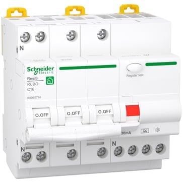 Schneider Electric Resi9 XP RCBO/kombiafbryder 3PN C-karakteristik 16A 6kA 30mA klasse A 90mm Komponent Til Tavle Og Kasse R9D55716