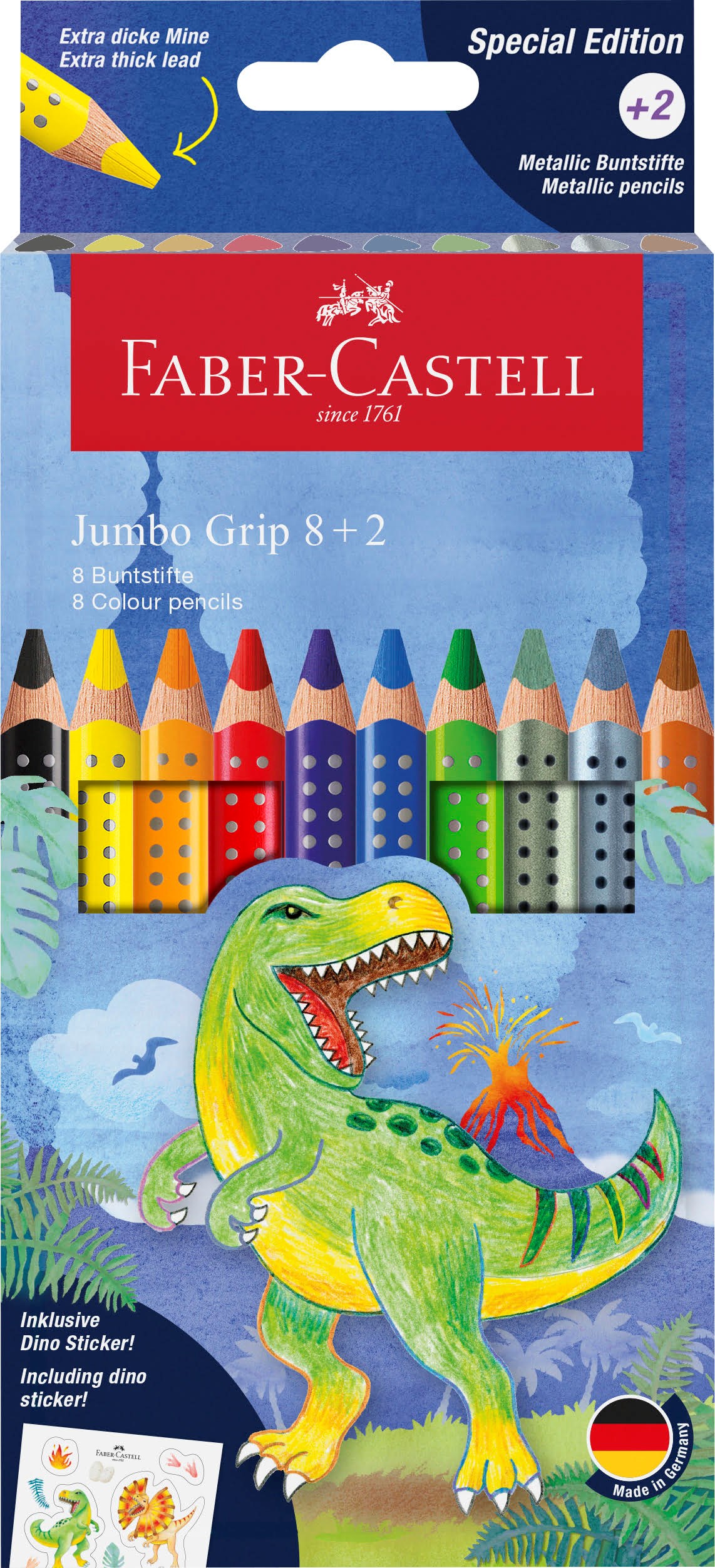 Faber-Castell Jumbo Grip Dino+stickers 8+2 metallic Tegneværktøj Farvet blyant 110922