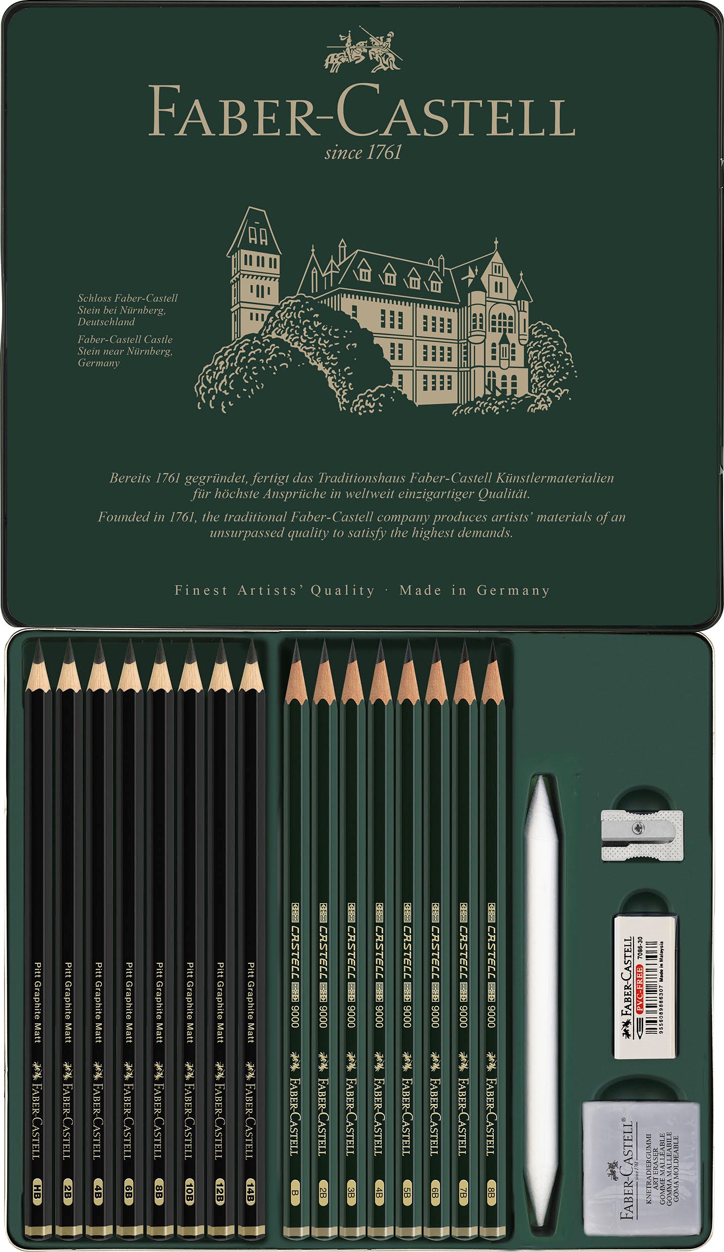 Faber-Castell Pitt graphite mat+Castell 9000 pencil 8+8+4 acc tin Tegneværktøj 115224
