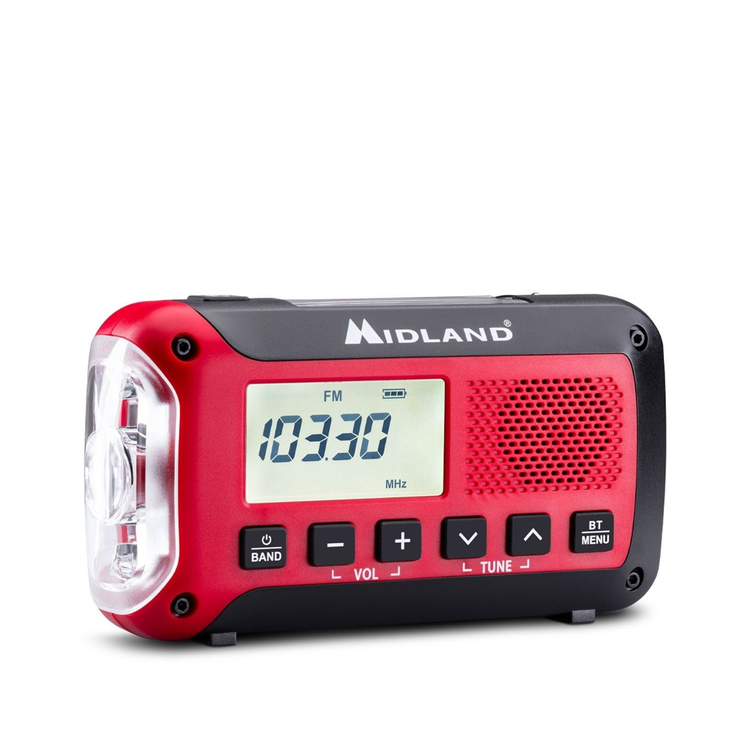 MIDLAND ER250 BT Emergency Bluetooth Radio - Solar - Dynamo - 130 Lumens Flashlight - 2600mAh Powerbank - AM/FM - Mono - Rød