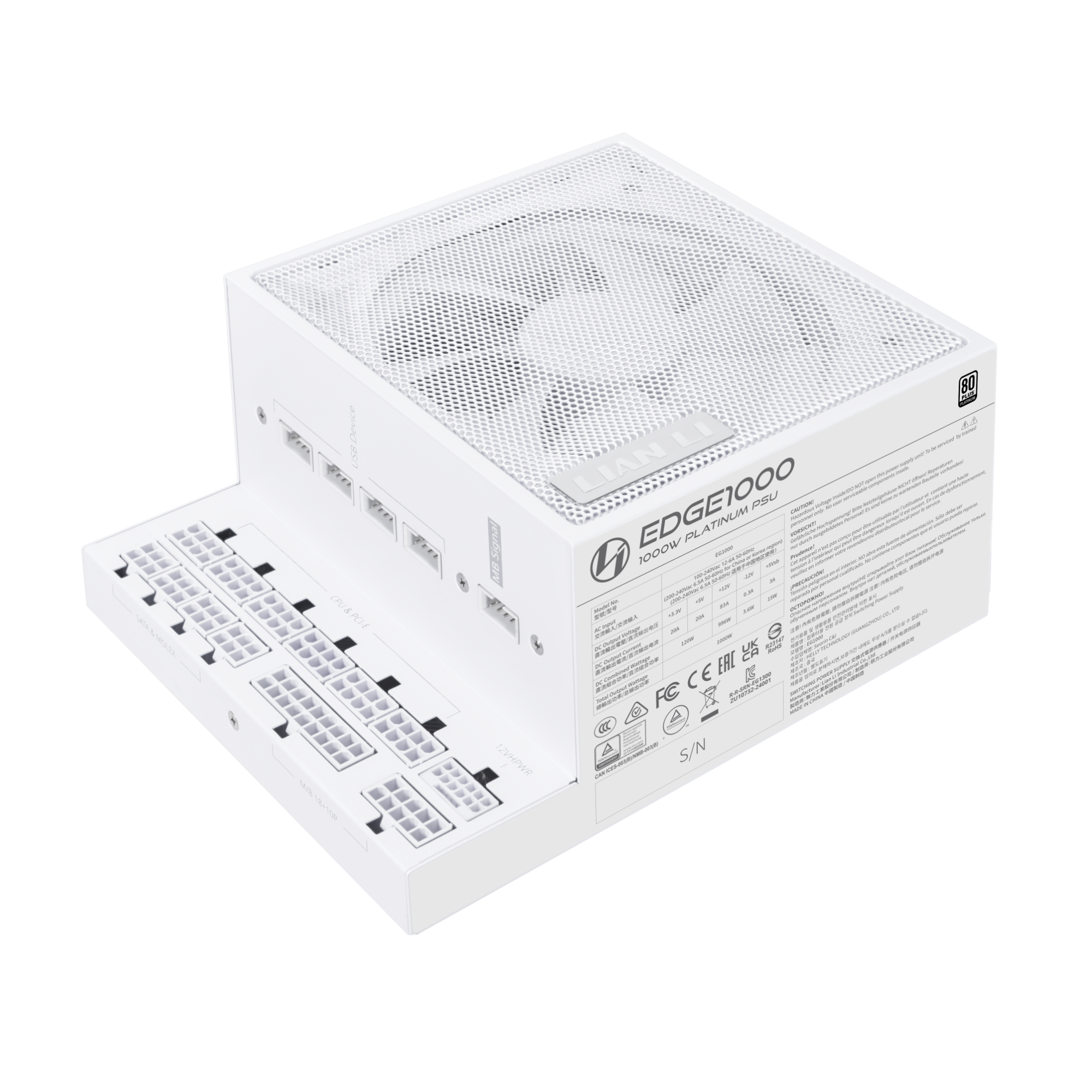 Lian Li EDGE 1000 White Strømforsyning - 1000 Watt - 120 mm - ATX 3.1 - 80 Plus Platinum certified
