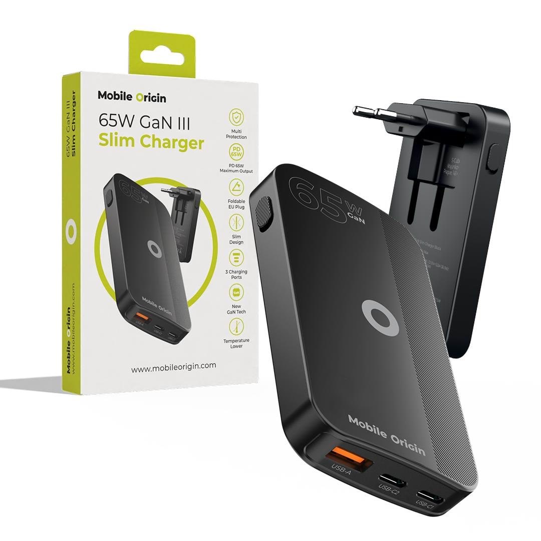 Mobile Origin 65W GaN III Slim Charger dual USB-C - Single USB-A black Mobil Oplader GAN-65W-SLM-BLK