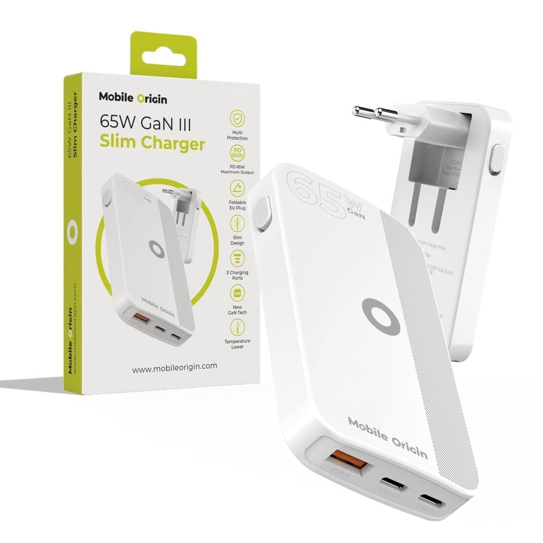 Mobile Origin 65W GaN III Slim Charger dual USB-C - Single USB-A white Mobil Oplader GAN-65W-SLM-WHT