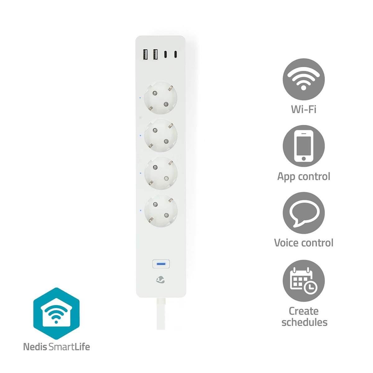 Nedis SmartLife Stikdåse, Wi-Fim Hybrid (CEE 7/7) / USB-A / USB-C, 16 A, 3680 W, 2 m, Hvid Smart Home WIFIP313FWT