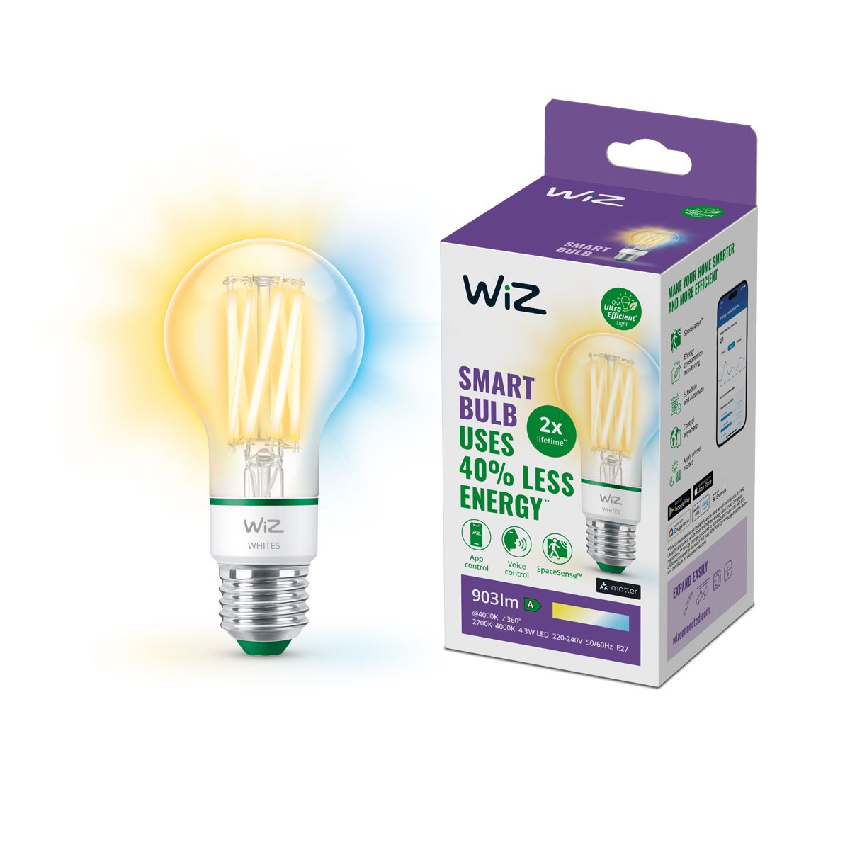 WiZ Tunable Ultræfficient A60 E27 Smart Filamentpære - Dæmpbart varmt til koldt hvidt LED-lys