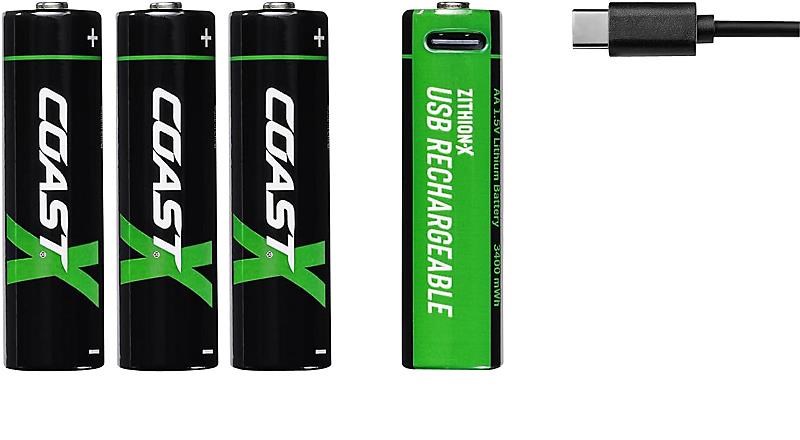 Coast Batteri 1,5V AA, Li-Ion genopladelig 2400 mAh, USB-C kabel, pakke á 4 stk. Lommelygte 100047534