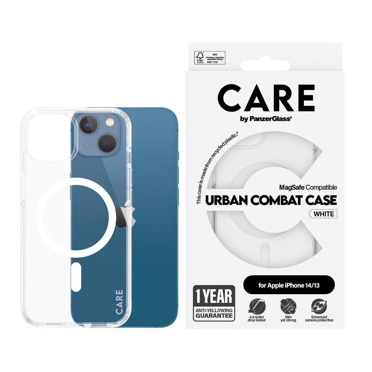 CARE by PanzerGlass Flagship Case Transparent Urban Combat w. White MagSafe iPhone 14 | 13 Mobilcover PANZER1462