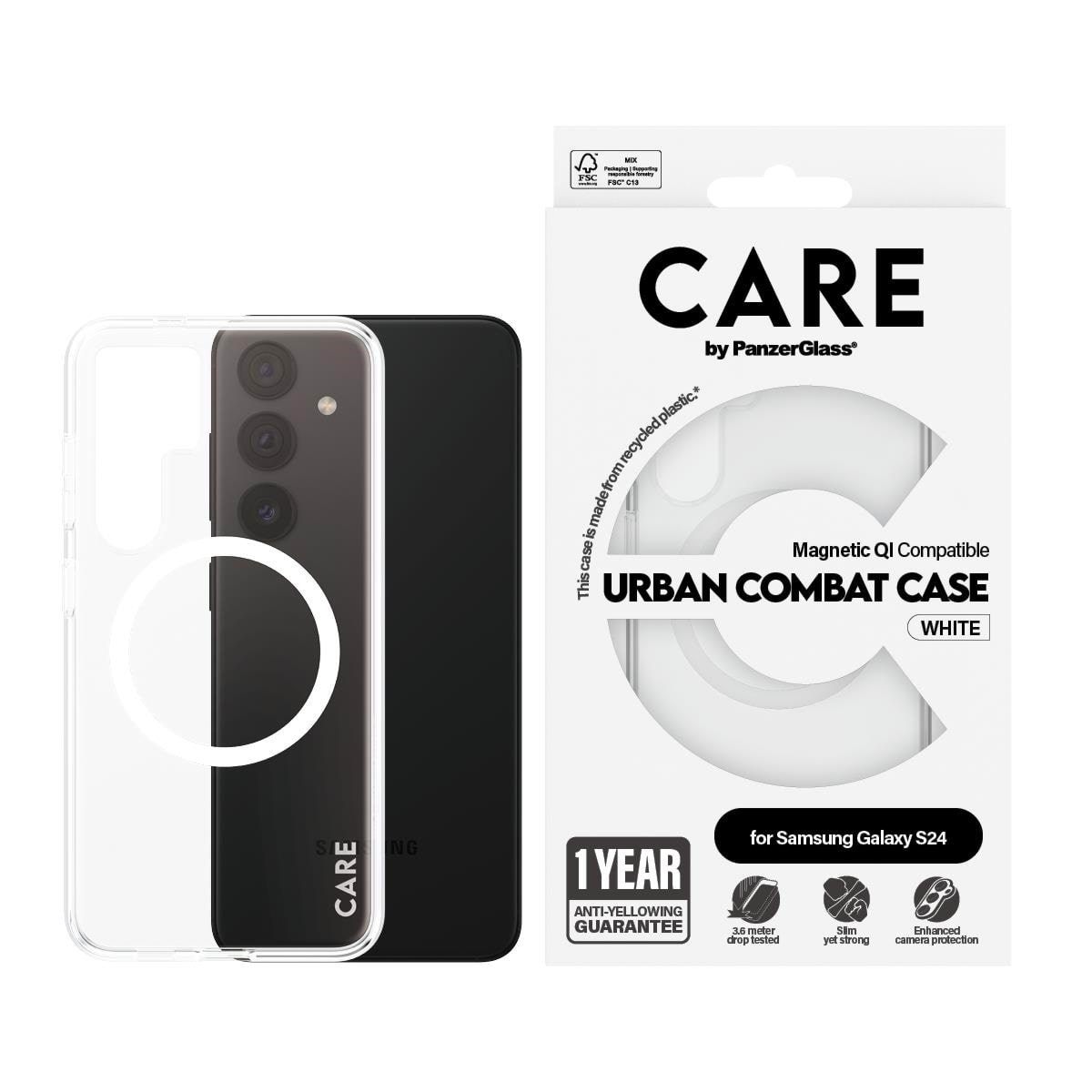 CARE by PanzerGlass Flagship Case Transparent Urban Combat w. White QI Compatible Samsung Galaxy S24 Mobilcover PANZER1153