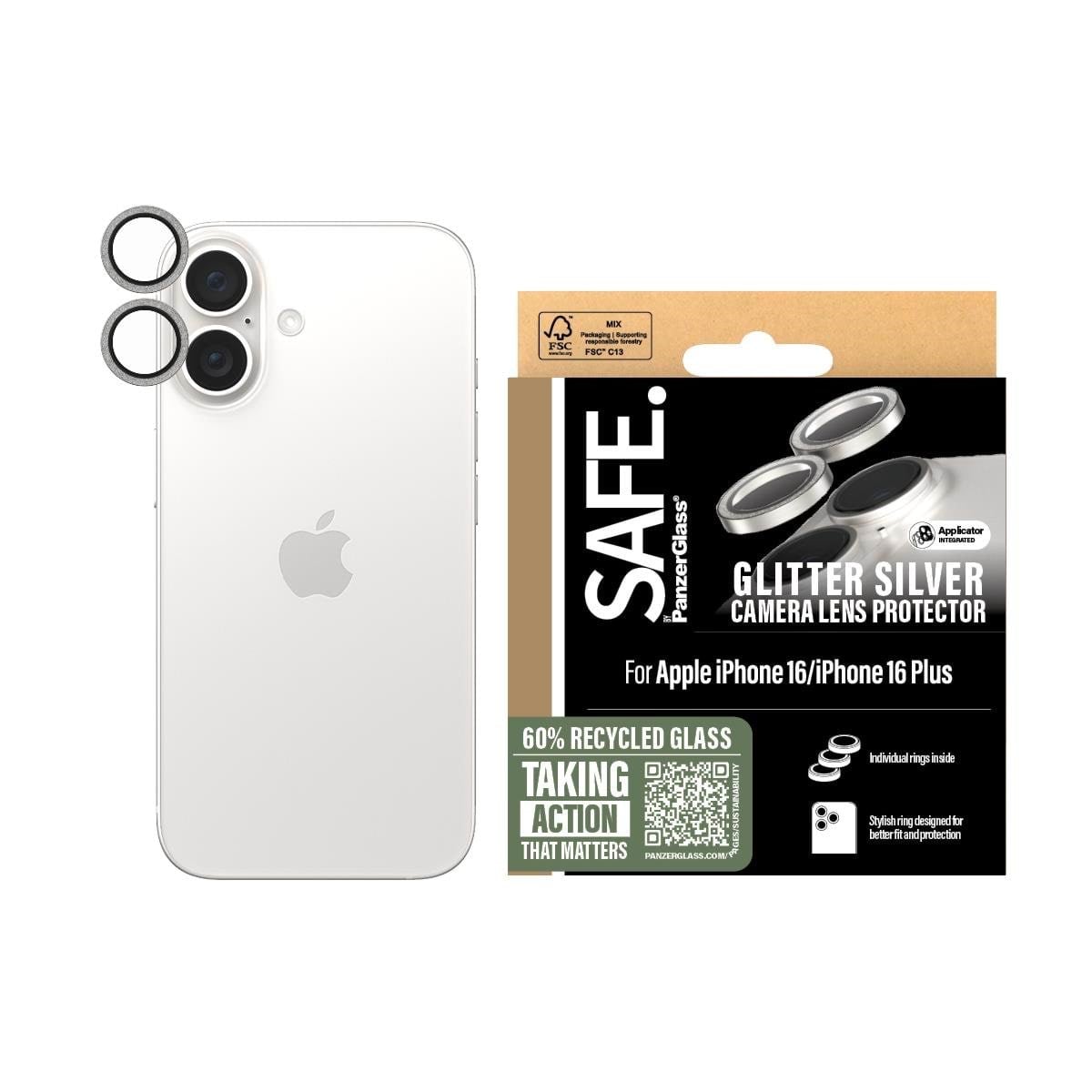 SAFE by PanzerGlass Camera Lens Protector Glitter Silver iPhone 16 | 16 Plus