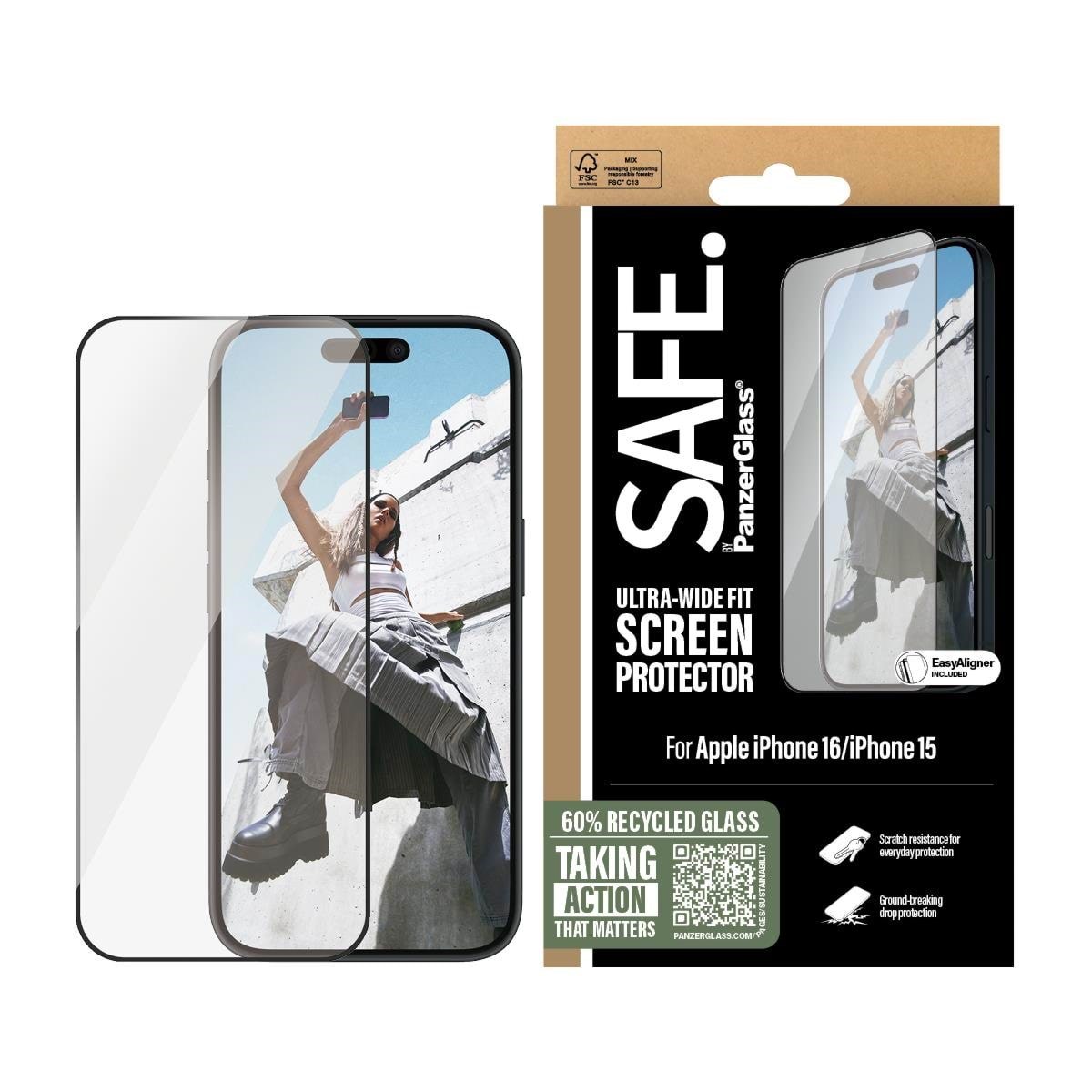 SAFE by PanzerGlass Screen Protection w. Black Frame iPhone 16 | 15 | Ultra-Wide Fit