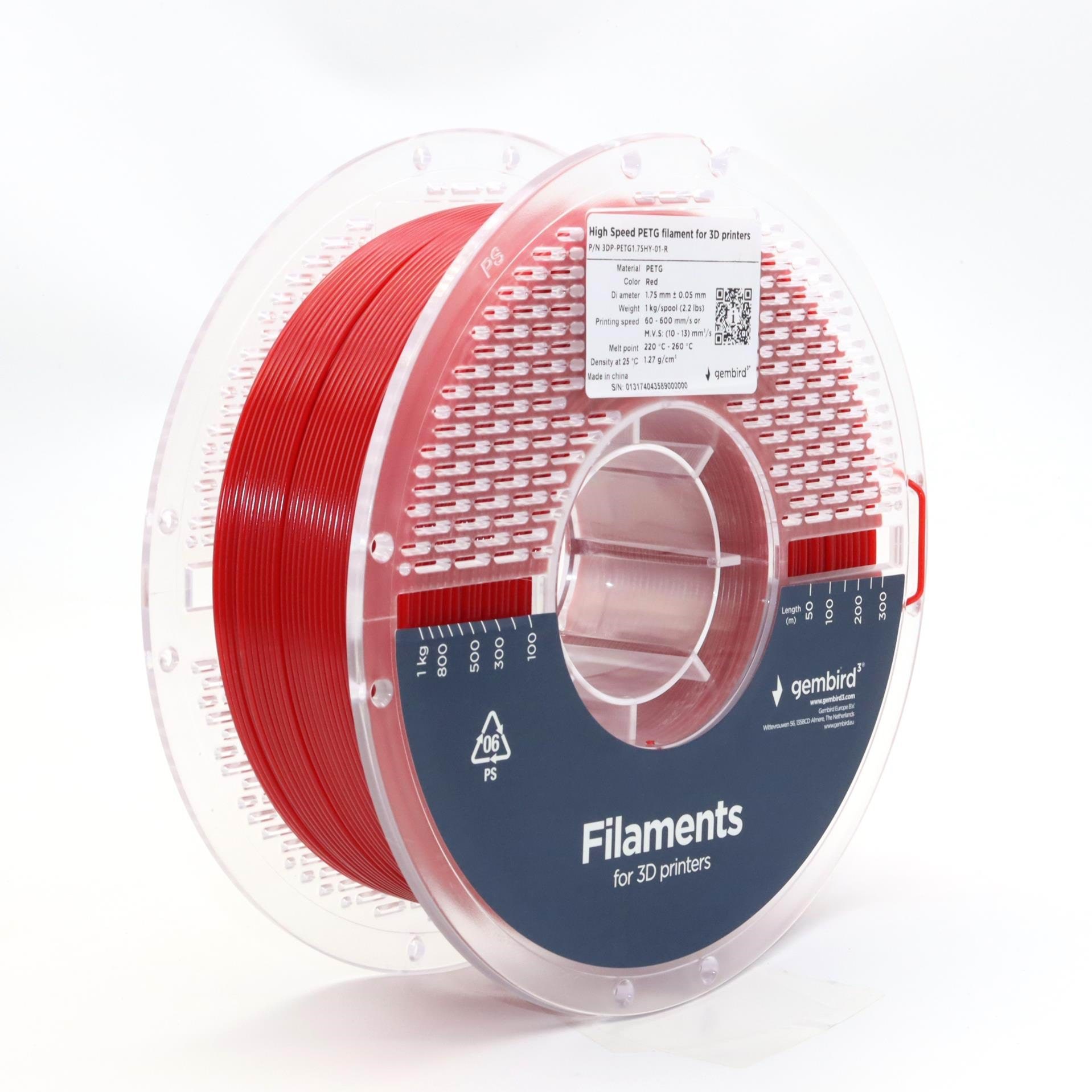 Gembird High Speed PETG (PET, PETT) - Rød - 1.75mm ø - 1 kg 3d Filament 3DP-PETG1.75HY-01-R