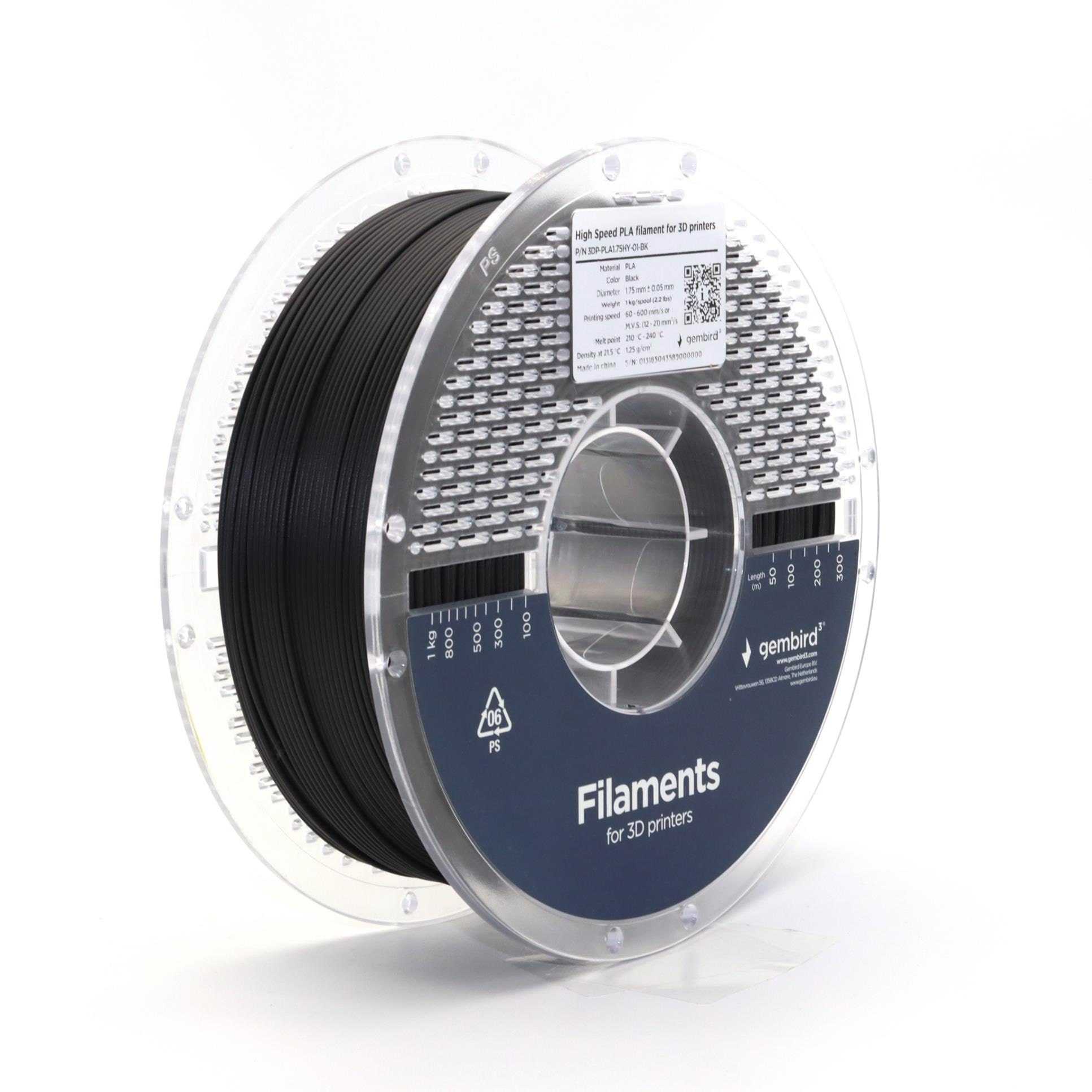 Gembird High Speed PLA filament - Sort - 1.75mm ø - 1 kg 3d Filament 3DP-PLA1.75HY-01-BK
