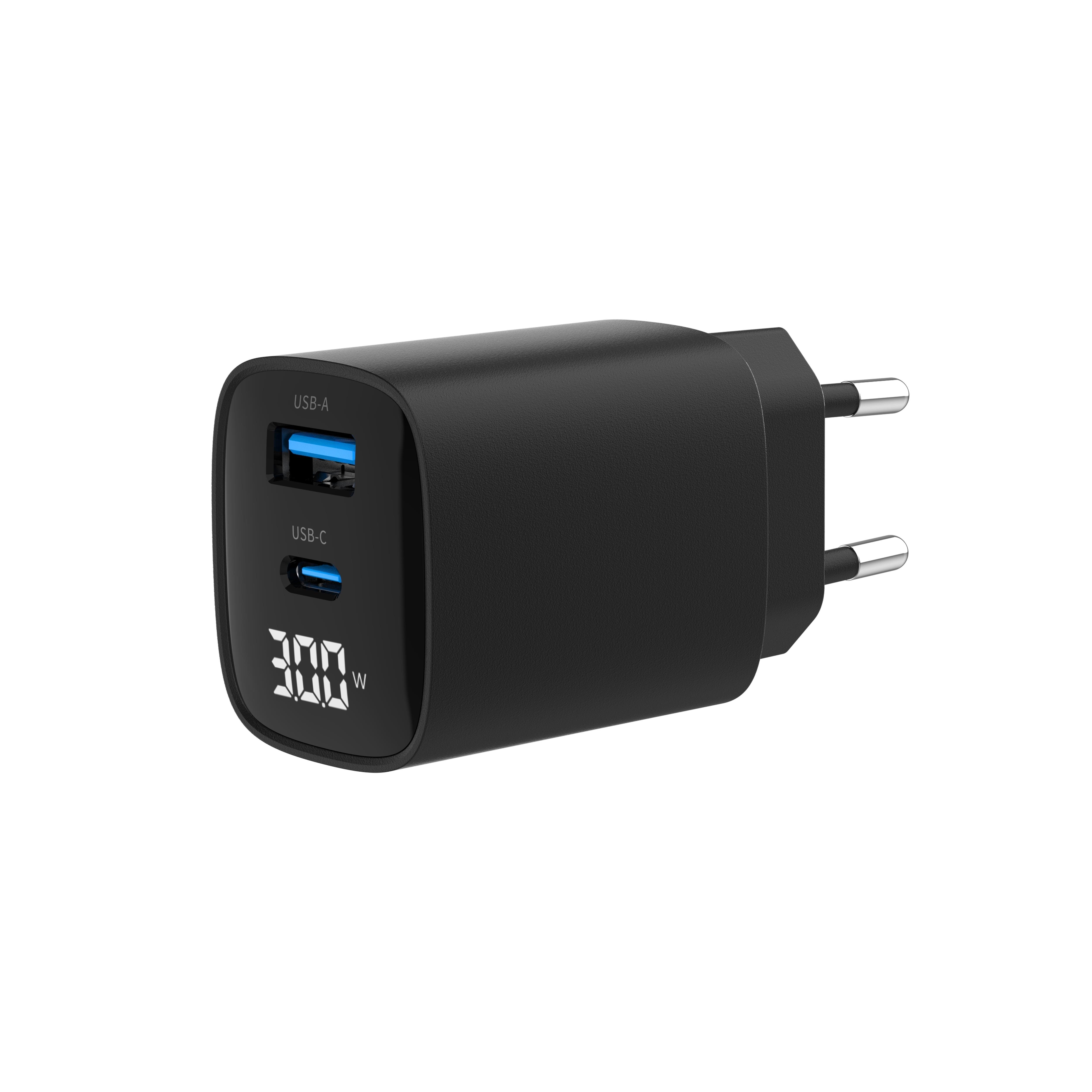 Gembird Universal GaN USB charger with LCD QC 3.0 & POD 30W 2-port - Black