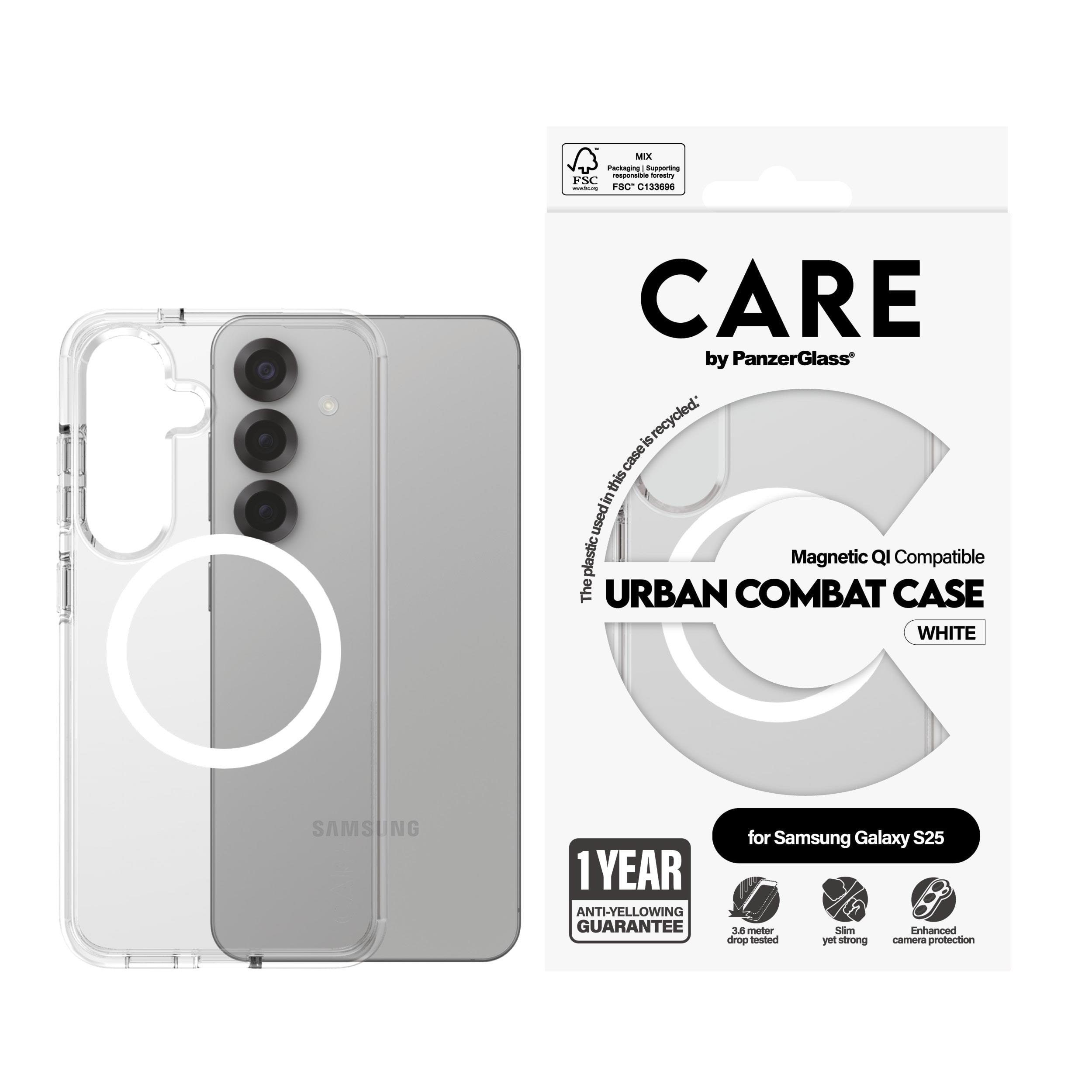 CARE by PanzerGlass Flagship Case Transparent Urban Combat w. White QI Compatible Samsung Galaxy S25 Mobilcover CRRFUWQG38388