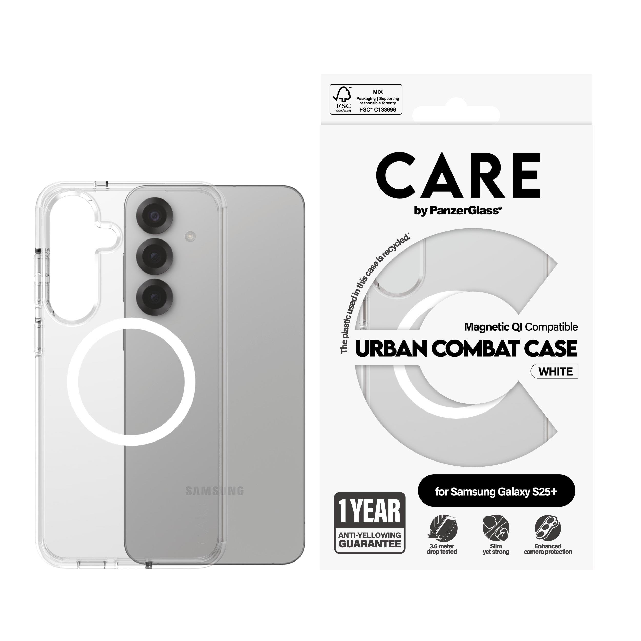 CARE by PanzerGlass Flagship Case Transparent Urban Combat w. White QI Compatible Samsung Galaxy S25+