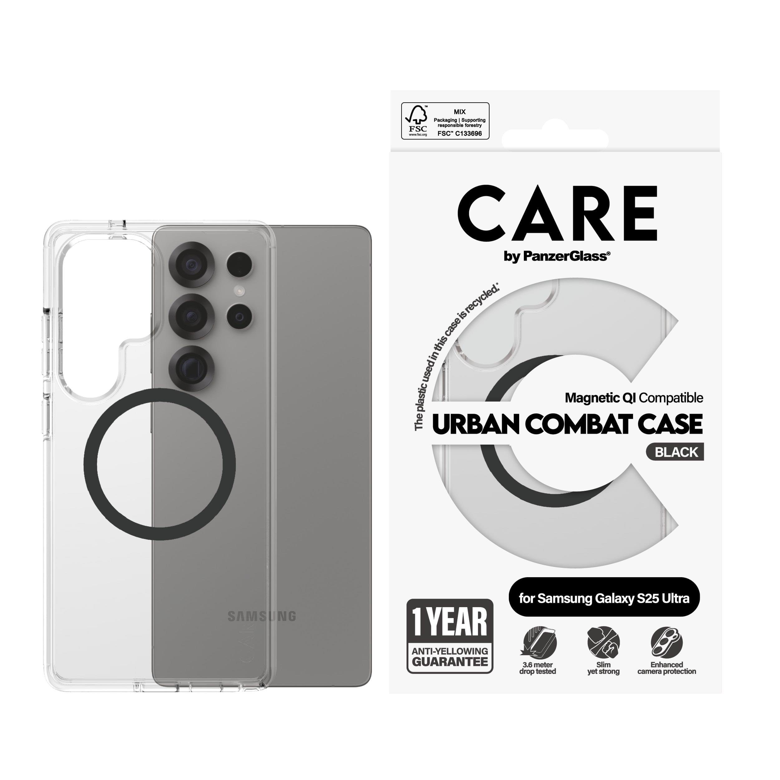 CARE by PanzerGlass Flagship Case Transparent Urban Combat w. Black QI Compatible Samsung Galaxy S25 Ultra