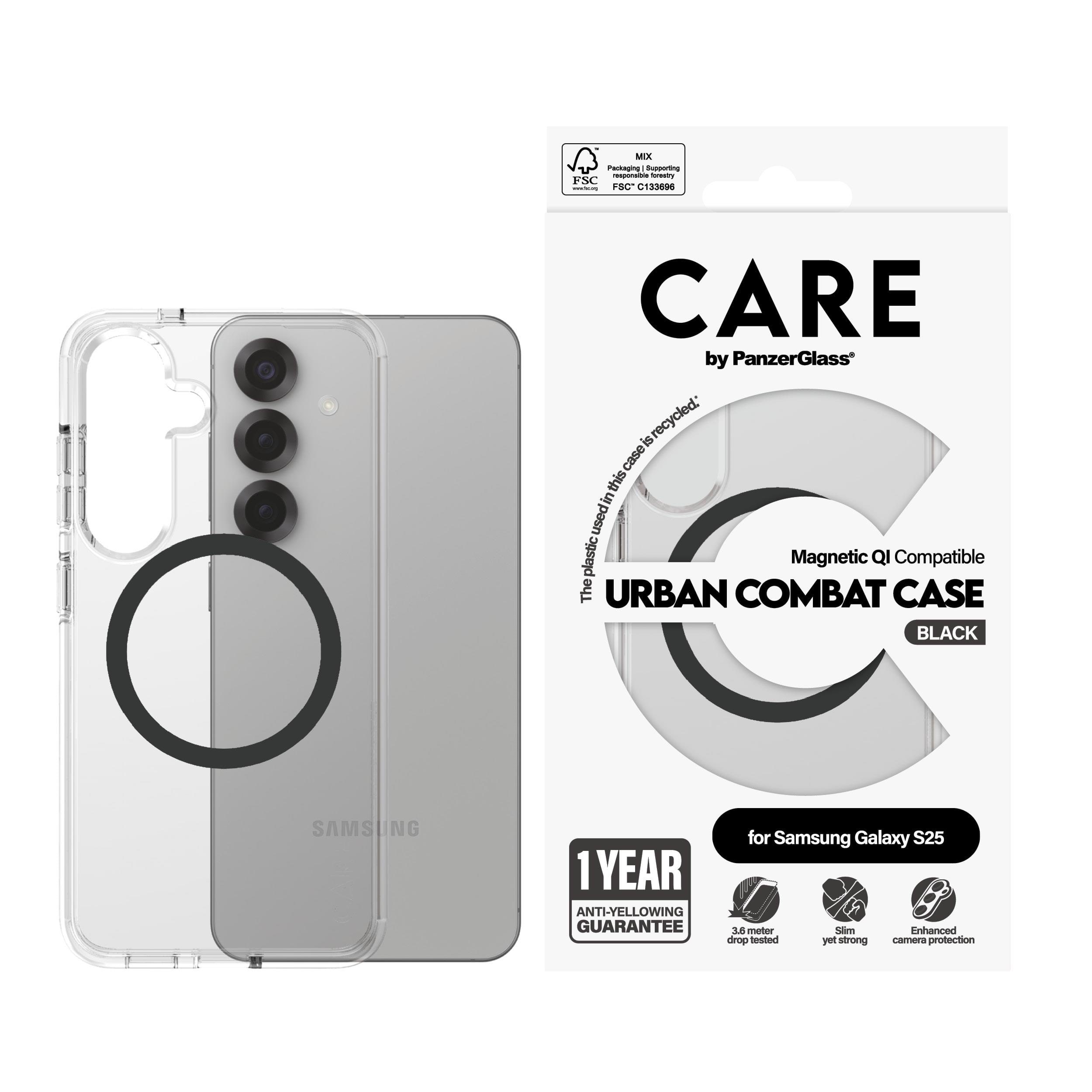 CARE by PanzerGlass Flagship Case Transparent Urban Combat w. Black QI Compatible Samsung Galaxy S25 Mobilcover CRRFUBQG38388