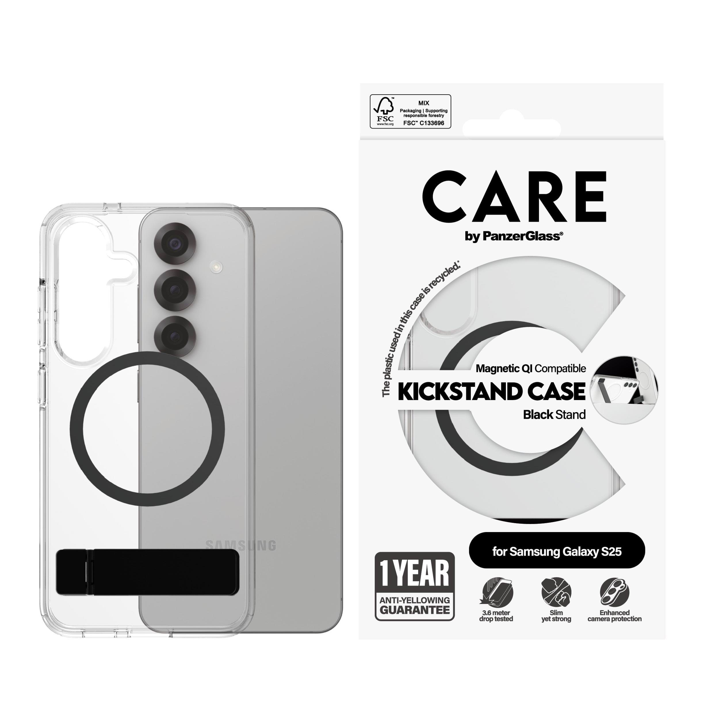 CARE by PanzerGlass Feature Case Transparent w. Black Kickstand & QI Compatible Samsung Galaxy S25 Mobilcover CRRFBKQG38388