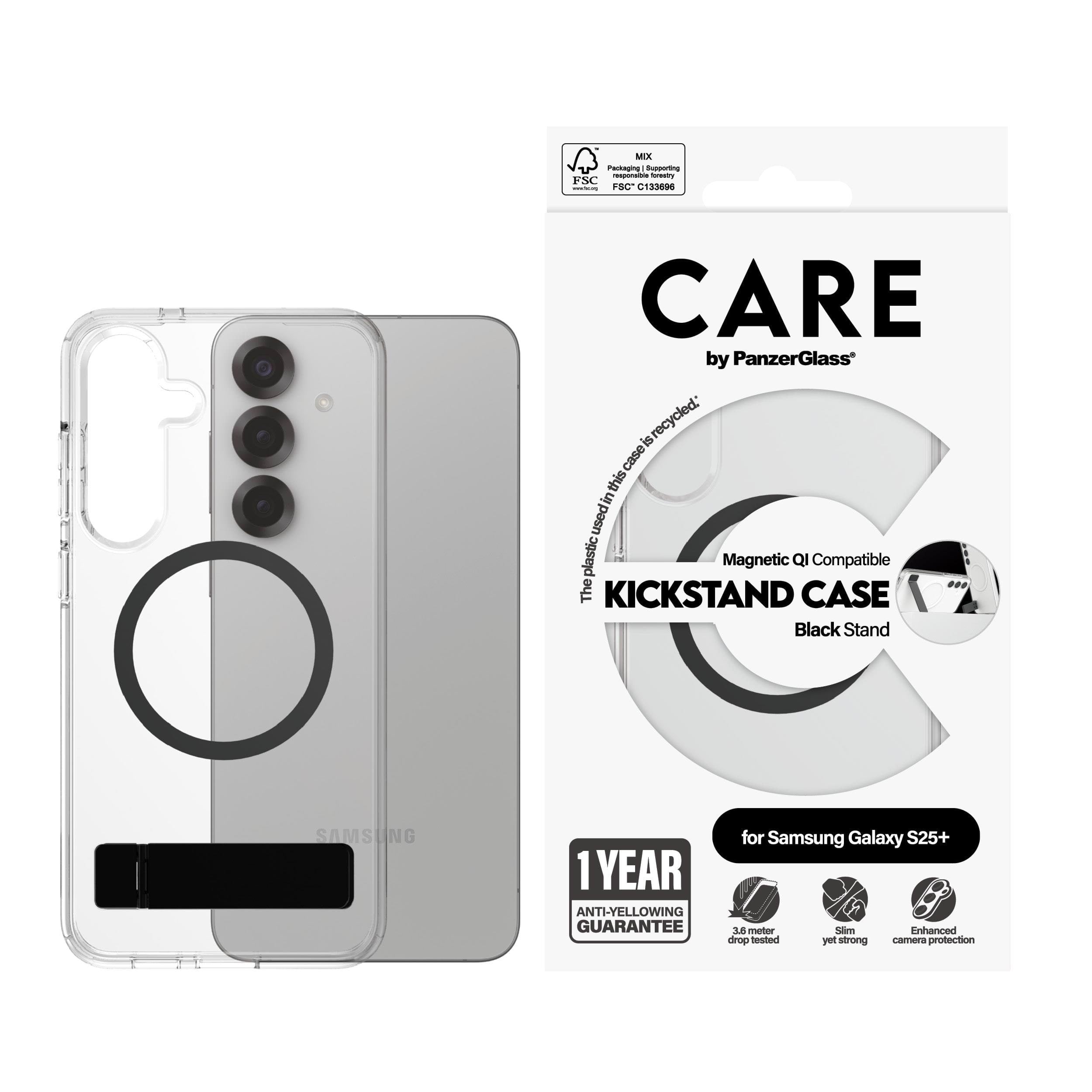 CARE by PanzerGlass Feature Case Transparent w. Black Kickstand & QI Compatible Samsung Galaxy S25+
