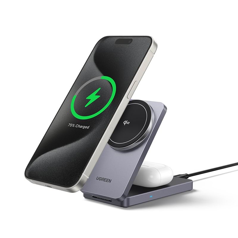 UGREEN Qi2 15w 2-In-1 Wireless Charger Magsafe Fast Charging Station Grey